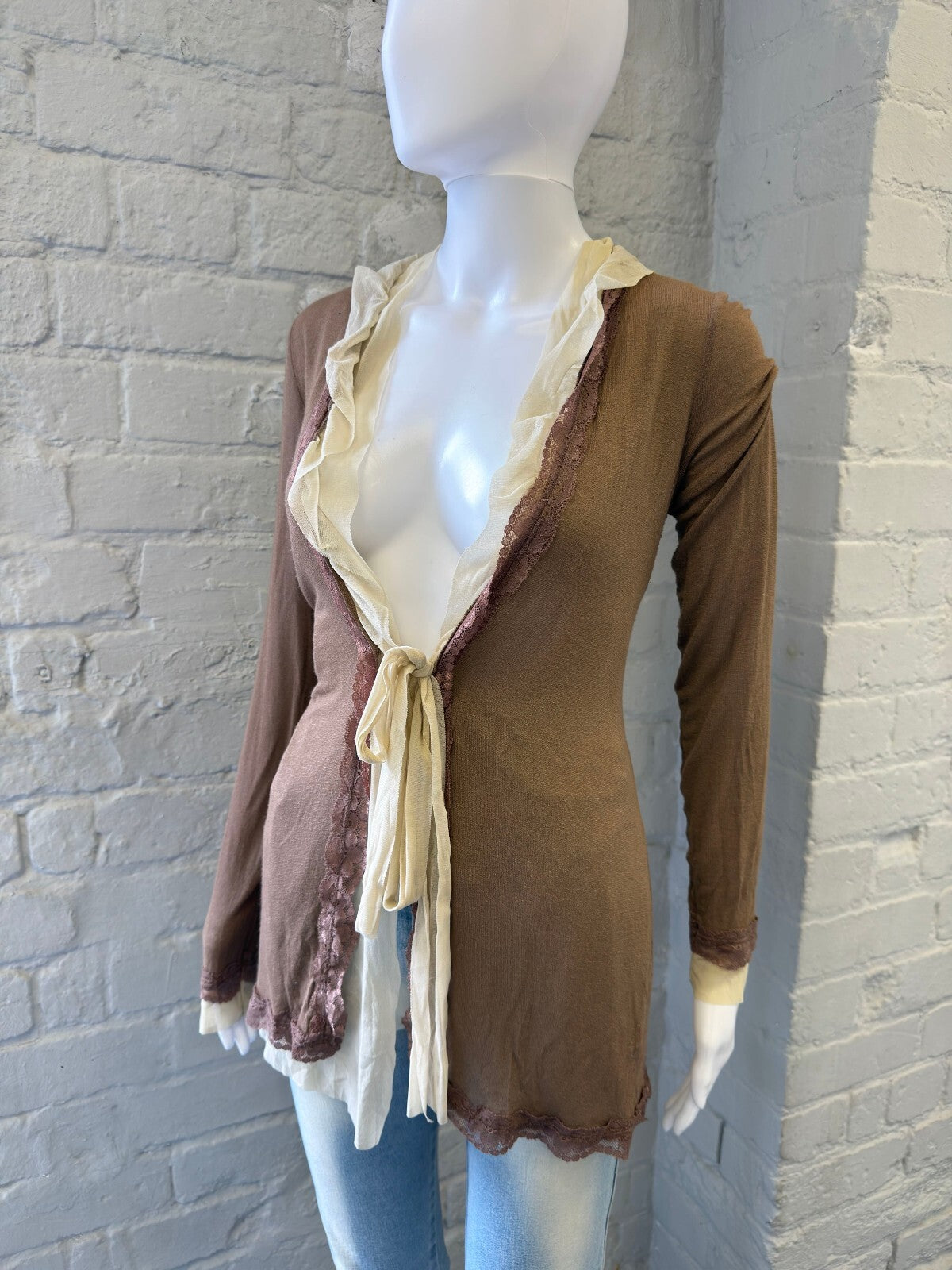 Brown and Cream Mesh Long Sleeve Tie Front Cardigan