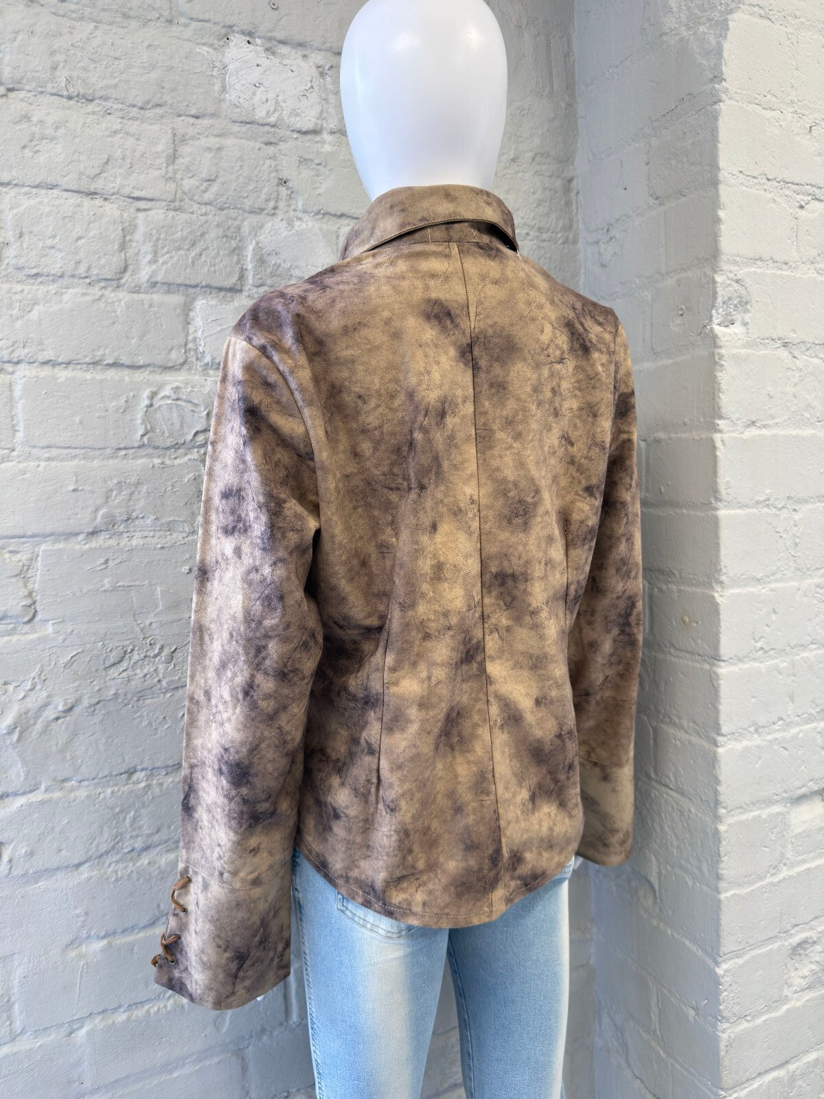 Vintage Brown Tie-Dye Faux Suede Jacket with Lace-Up Cuffs