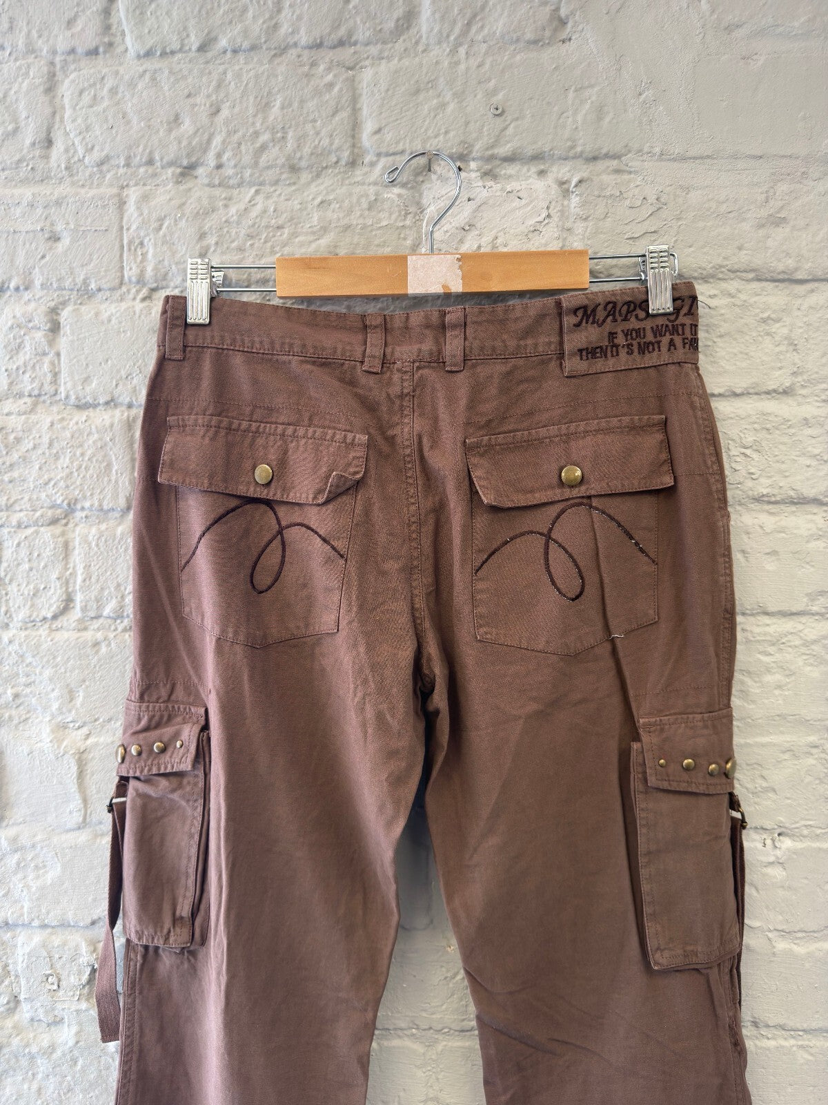 Deadstock Brown Cargo Trousers with Studs and Embroidered Floral Detail
