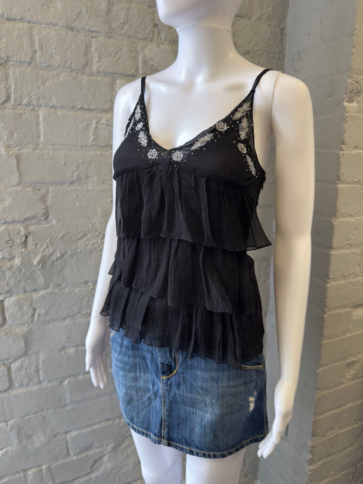 Black Tiered Ruffle Silk Top with Embroidered Floral Detail