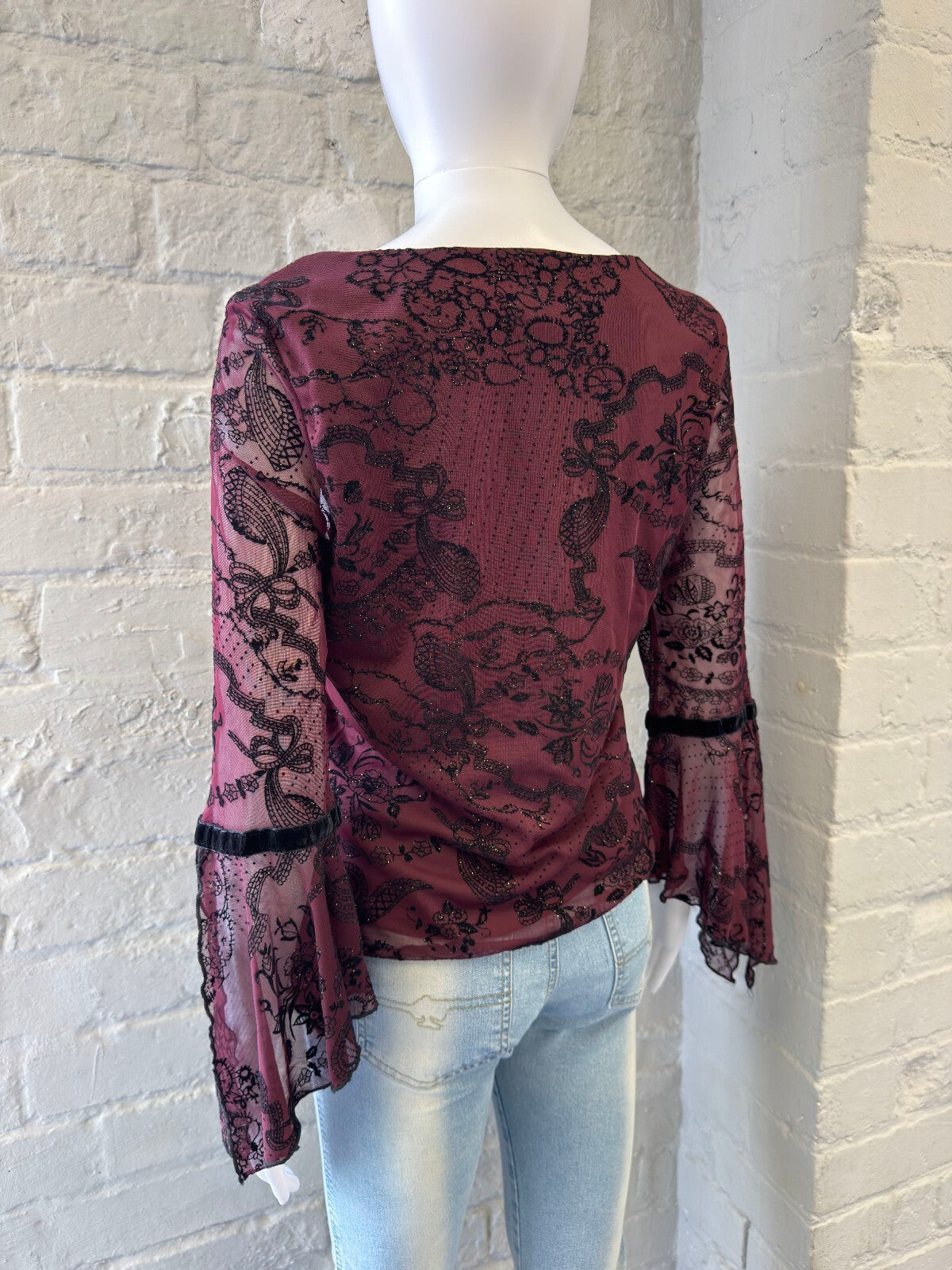 Gothic Burgundy Lace Bell Sleeve Blouse