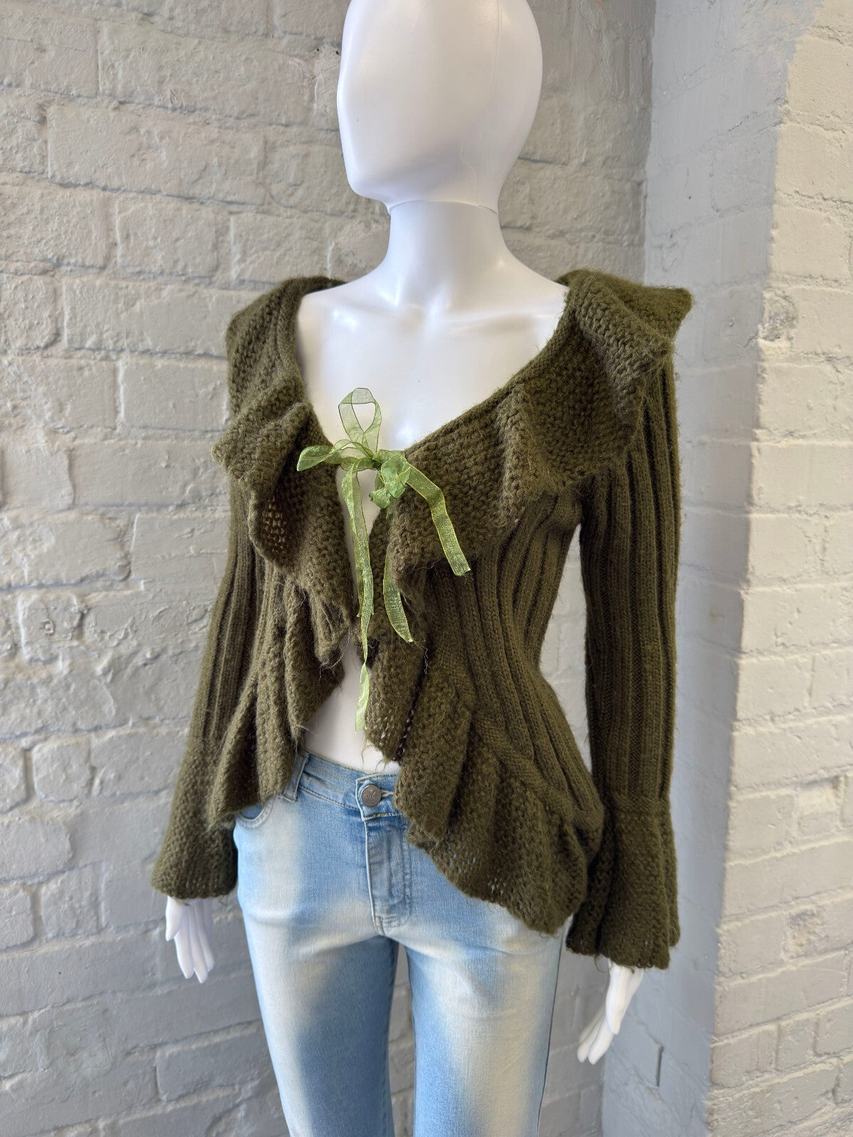Olive Green Knit Cardigan with Ruffle Detail and Ribbon Tie