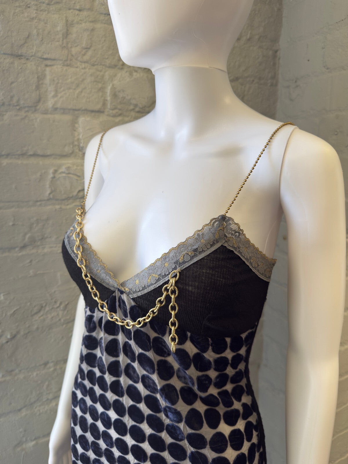 Blue and Silver Polka Dot Slip Dress with Chain Detail