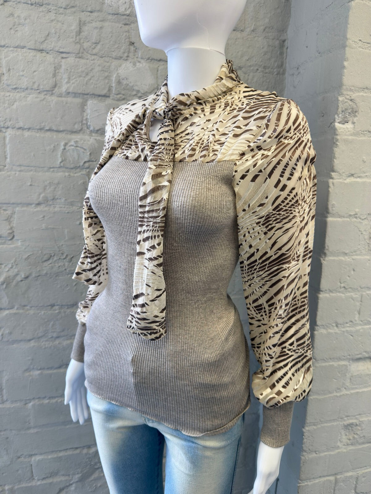 Italian Ribbed Knit Top with Sheer Animal Print Sleeves