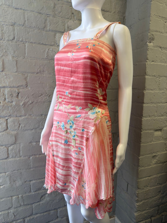 Italian Boutique Pink Floral Striped Silk Dress
