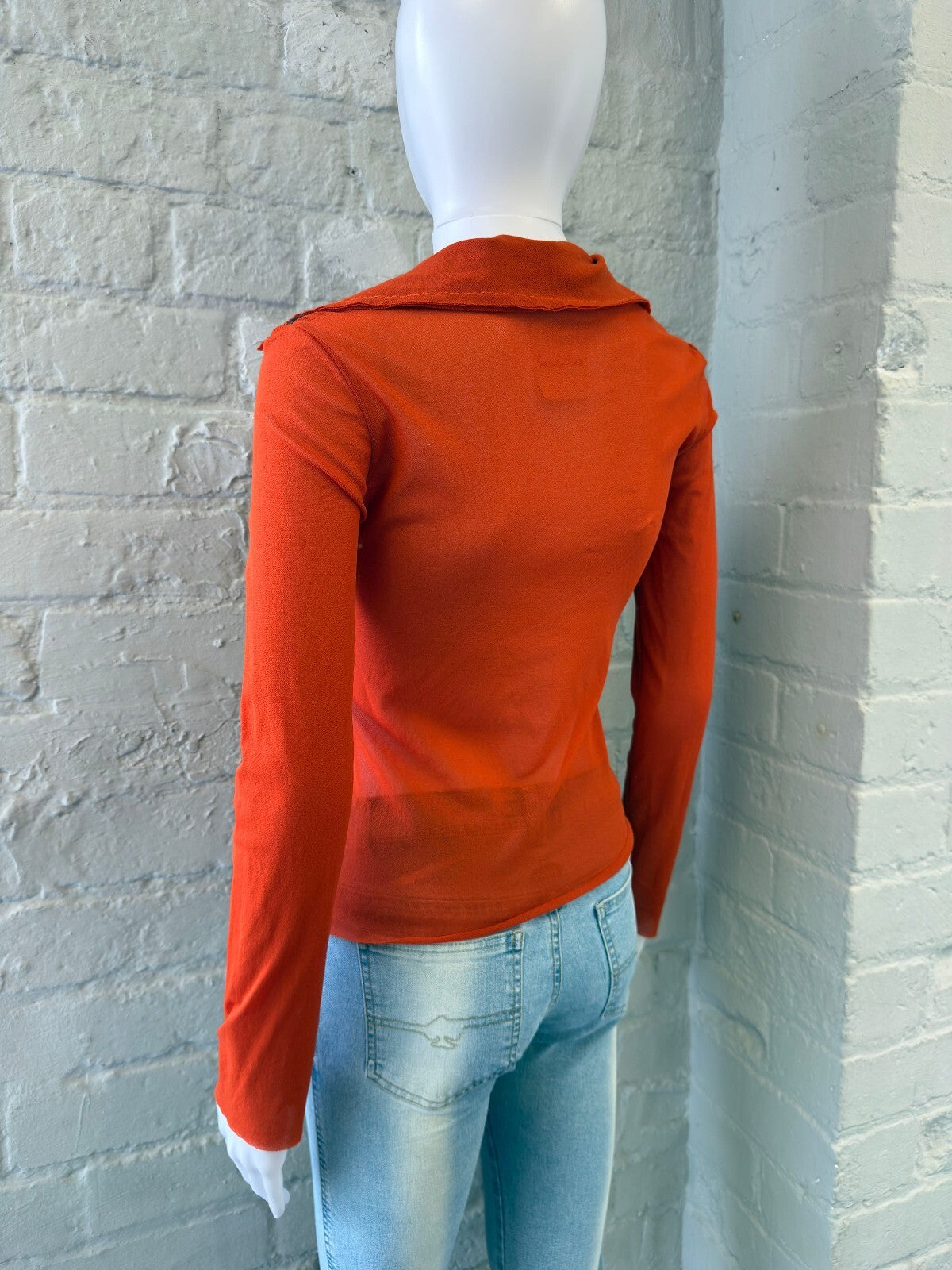 Vintage Orange Floral Mesh  Long Sleeve Top