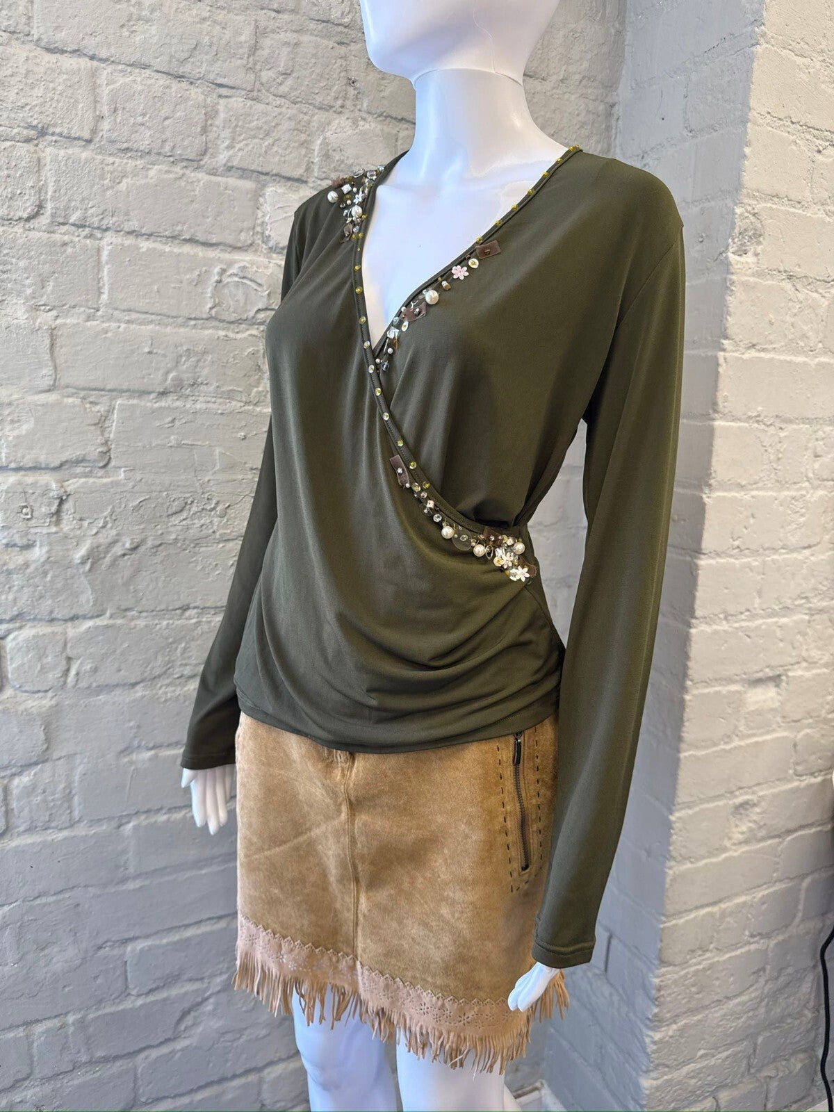 Olive Green Long Sleeve Embellished Wrap Top