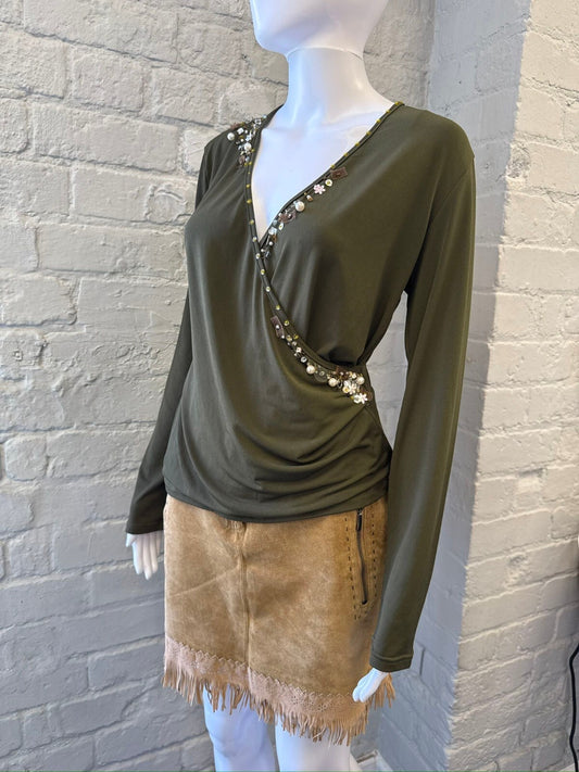 Olive Green Long Sleeve Embellished Wrap Top