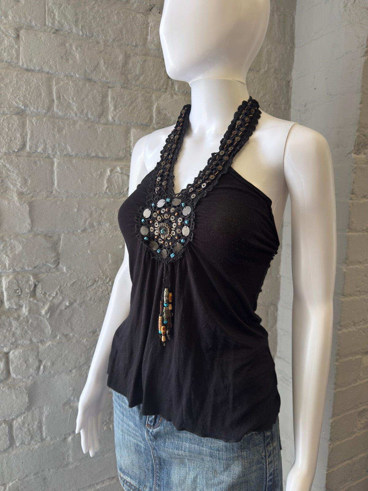 2000s Black Halter Neck Beaded Top