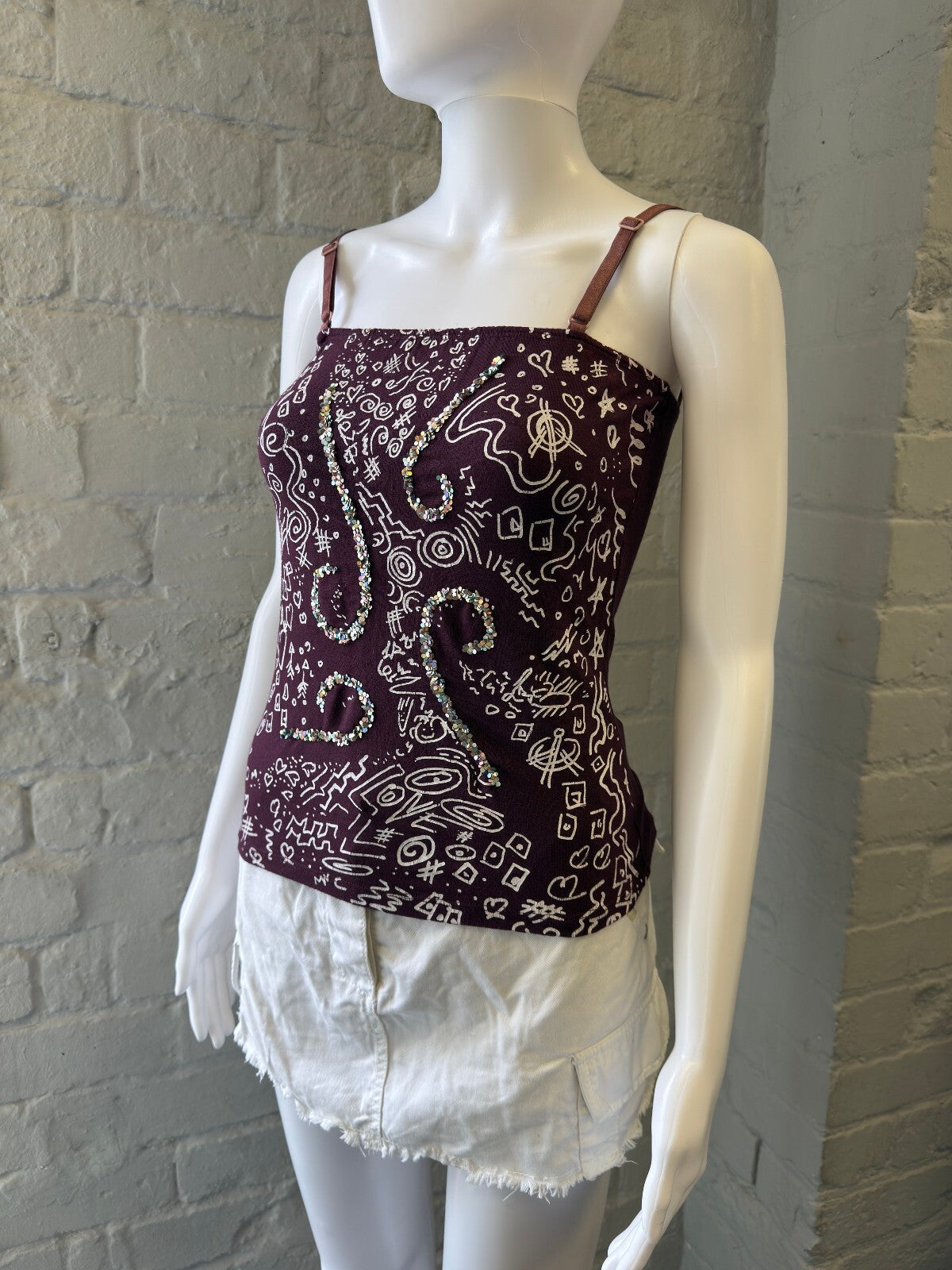 Purple Sequin and Printed Spaghetti Strap Top