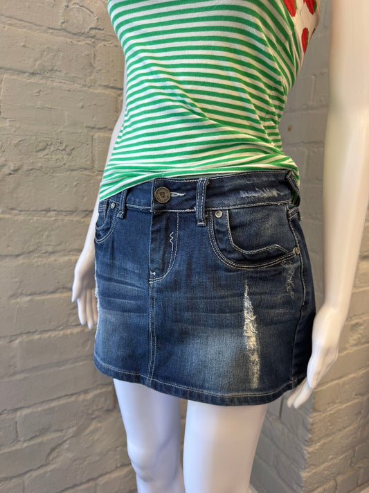 Dark Blue Denim Mini Skirt with Distressed Details