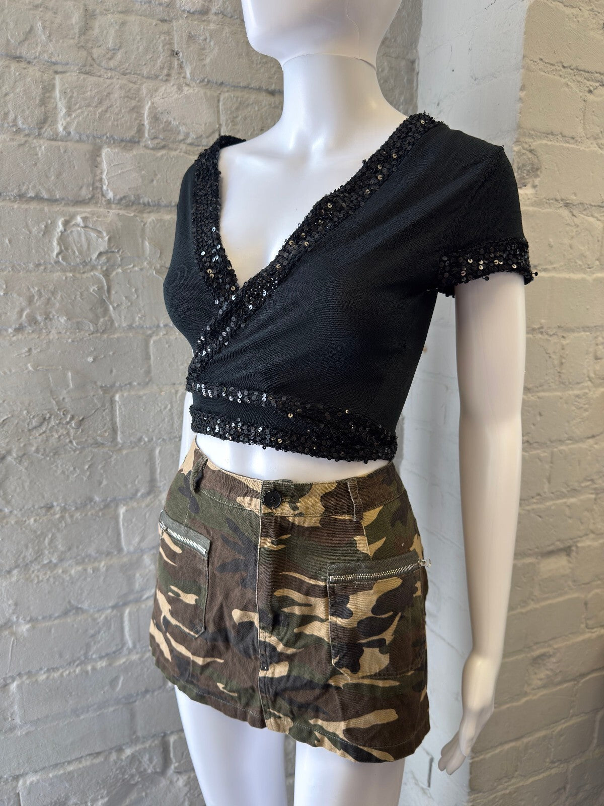 Black Sequin Trim Wrap Crop Top