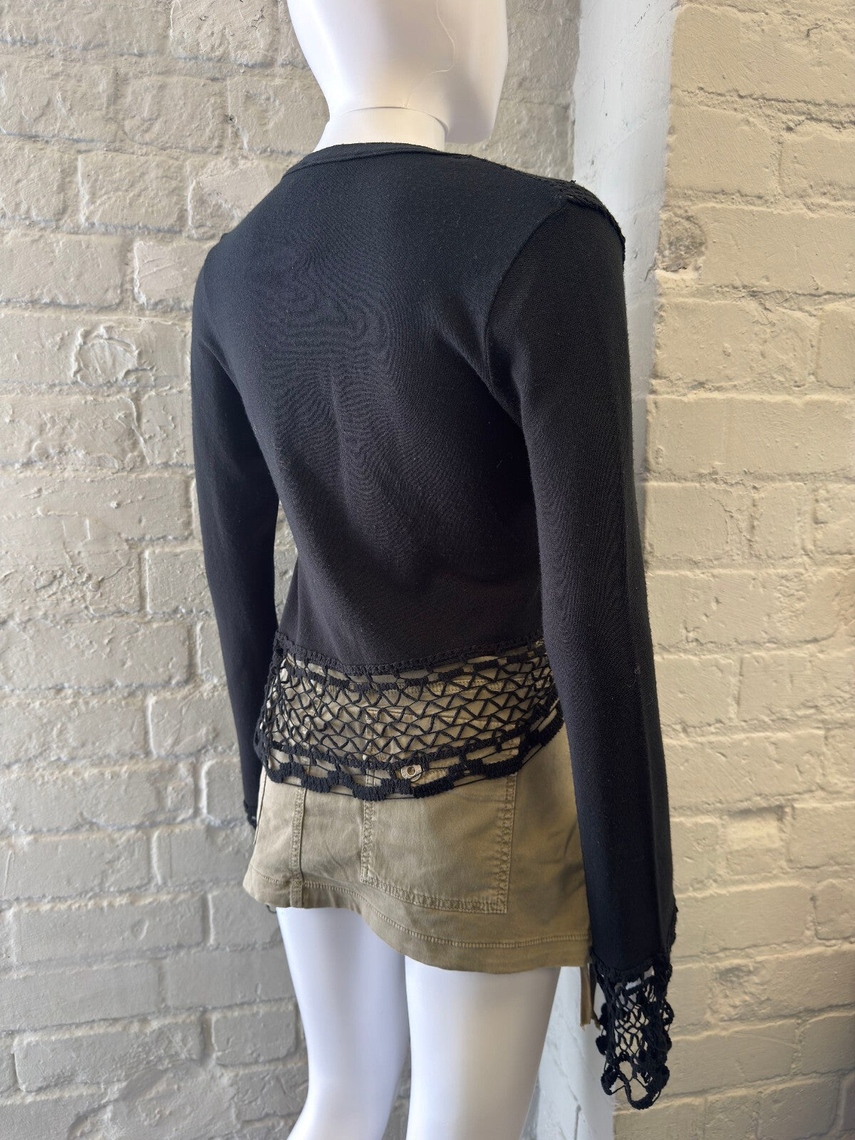 Denny Rose Black Knit Mesh Lace Trim Cardigan