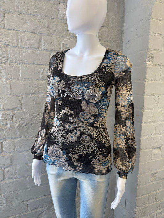 Y2K Floral Patterned Mesh Long Sleeve Top