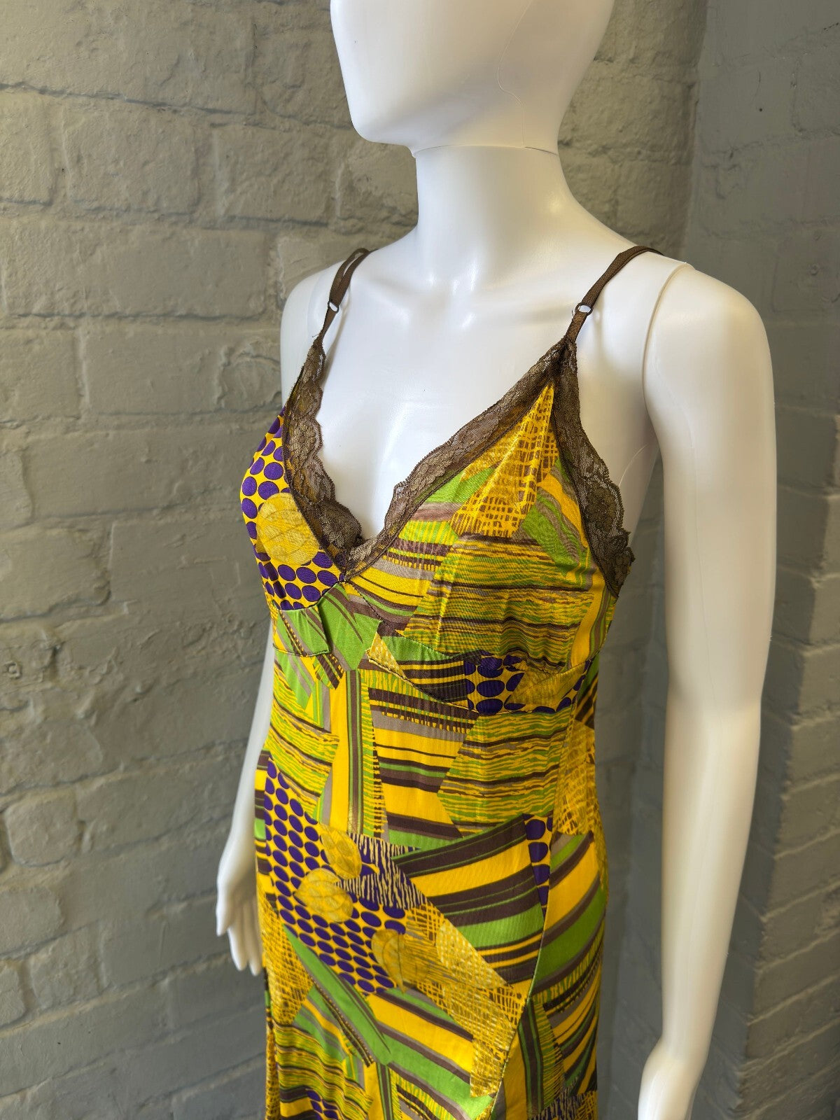 Yellow Geometric Print Slip Dress with Brown Lace Trim