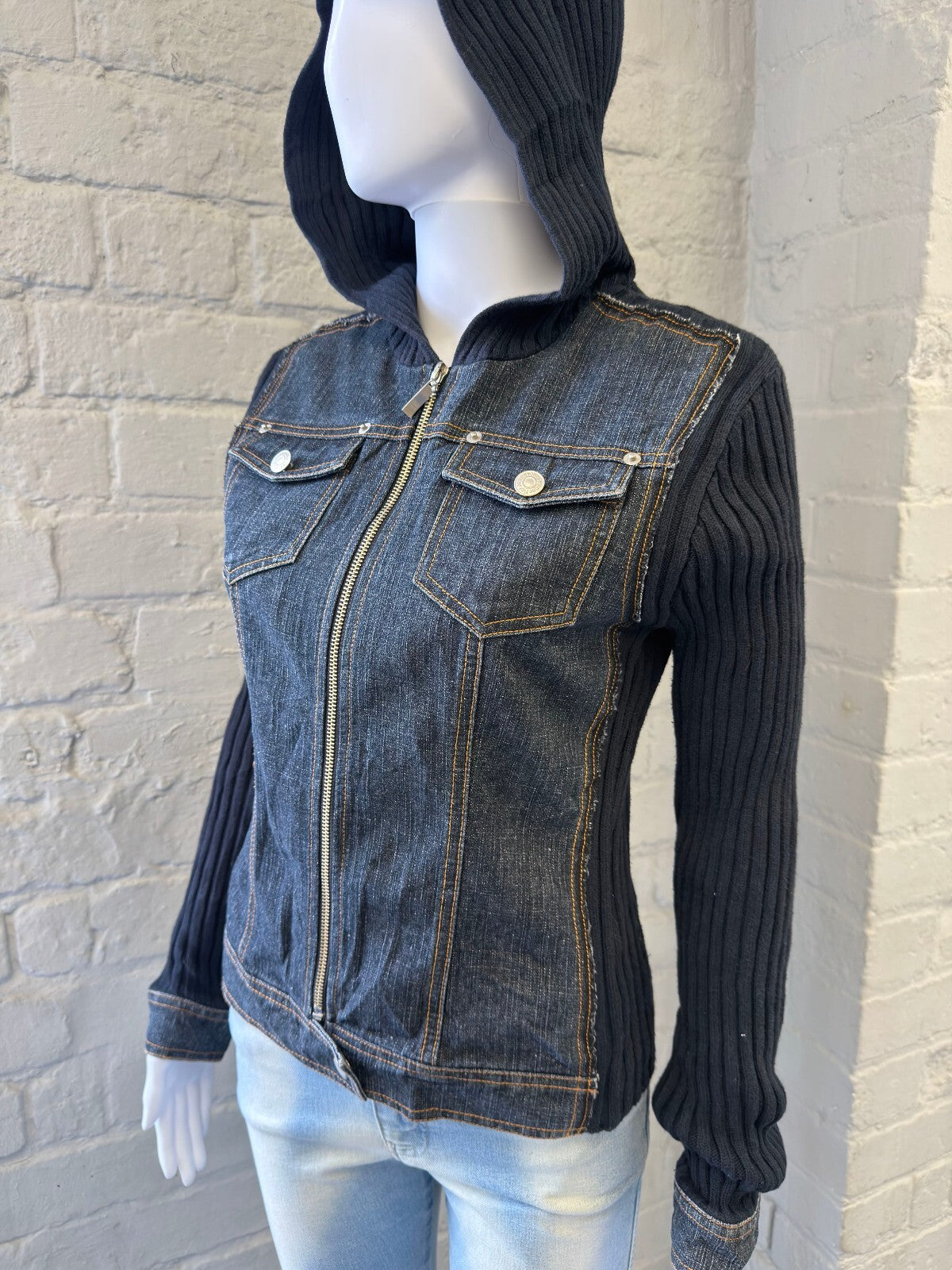 Y2K Italian Hooded Denim and Ribbed Knit Jacket