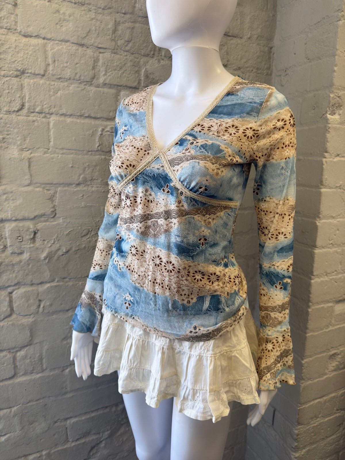 Blue and Cream Mesh Long Sleeve Top