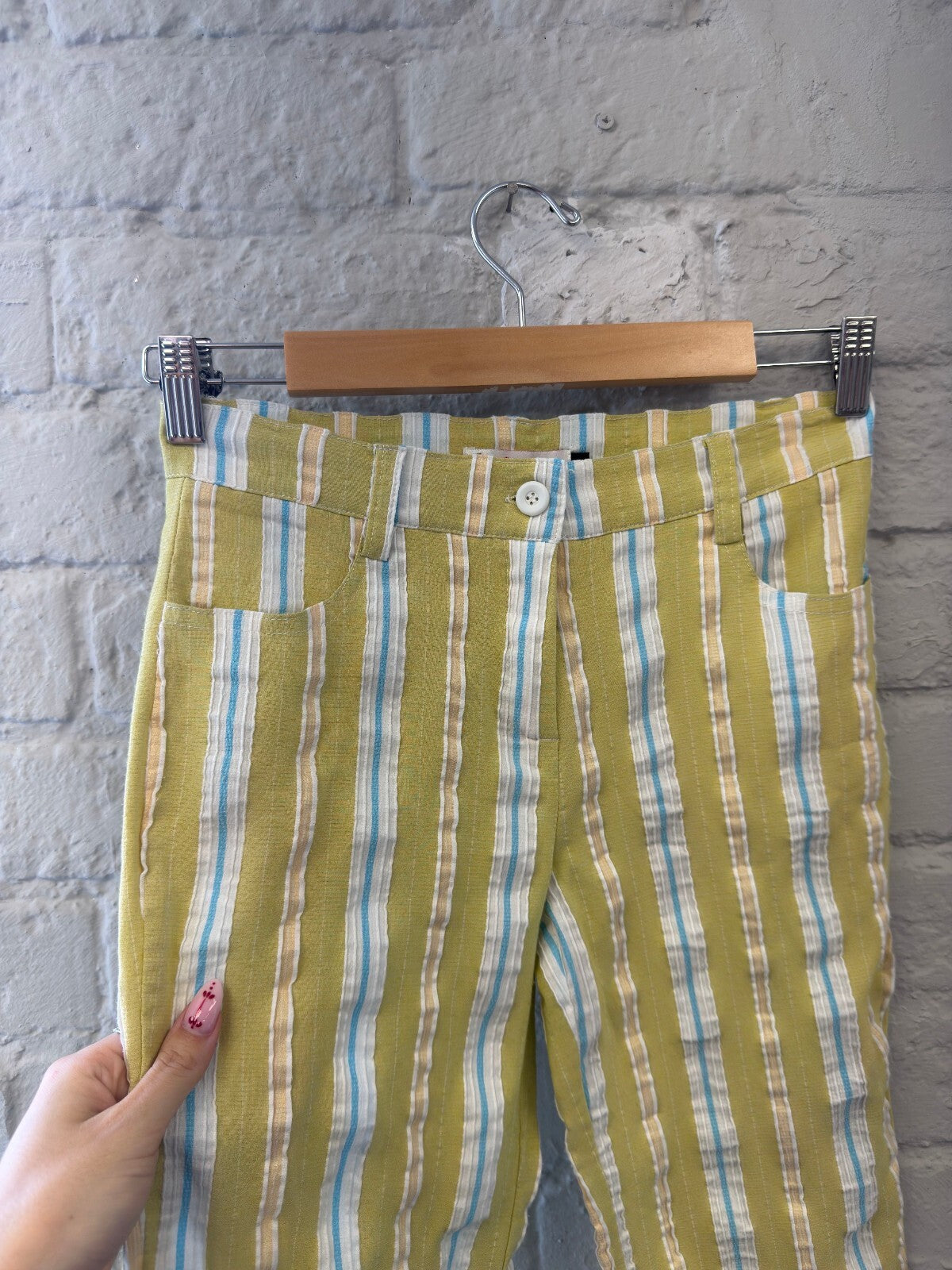 Lime Green Striped Capri Trousers