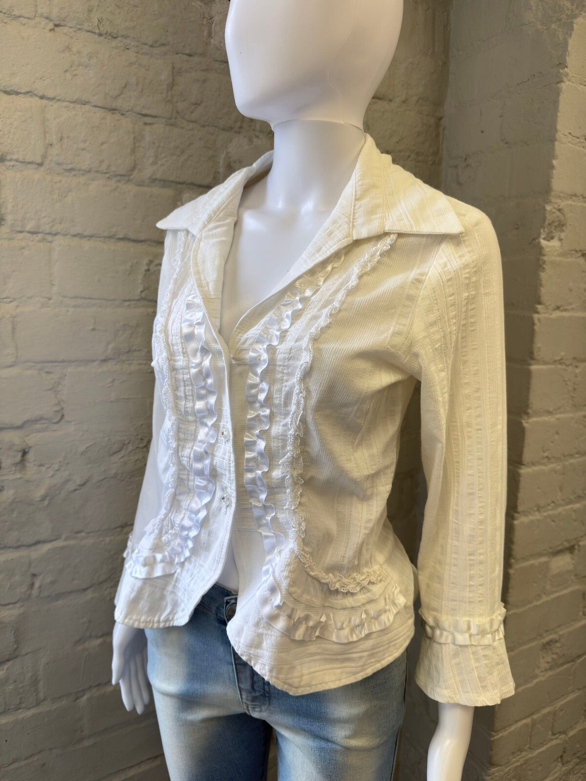 White Ruffled Button-Up Shirt
