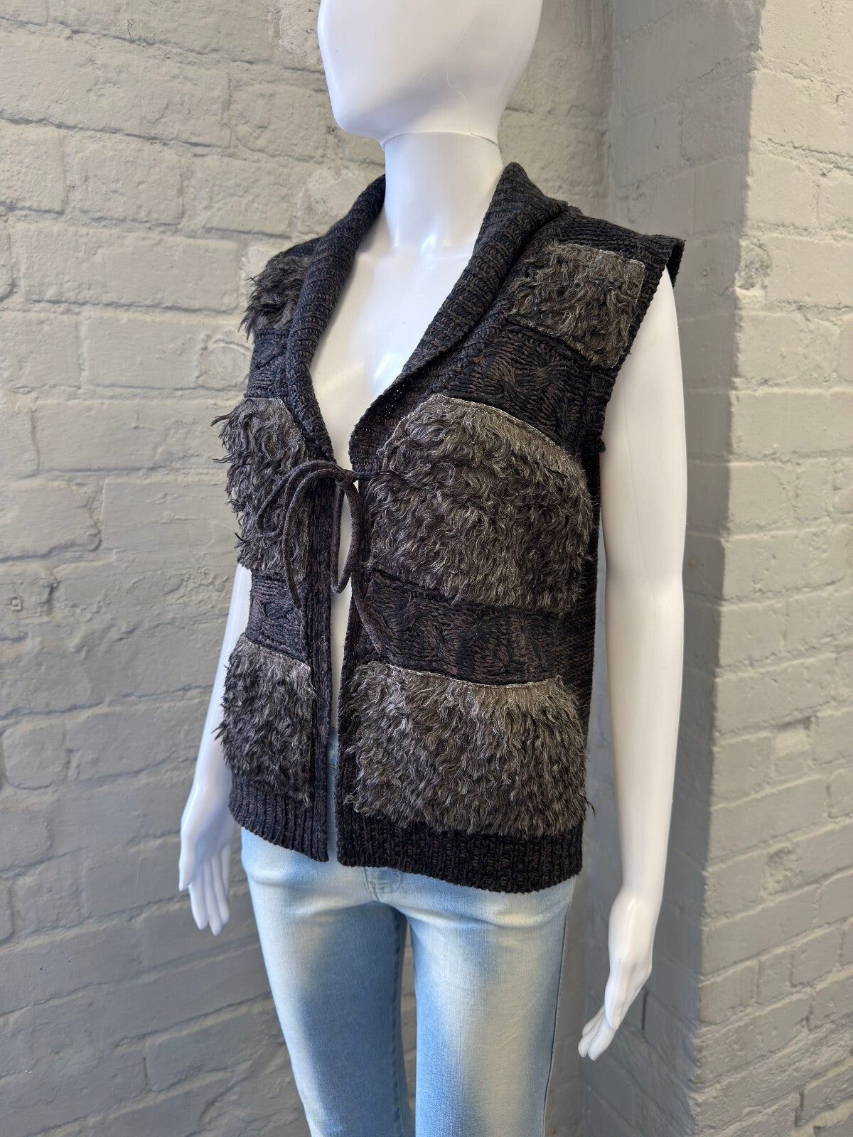 Black and Grey Textured Knit Gilet with Tie Front