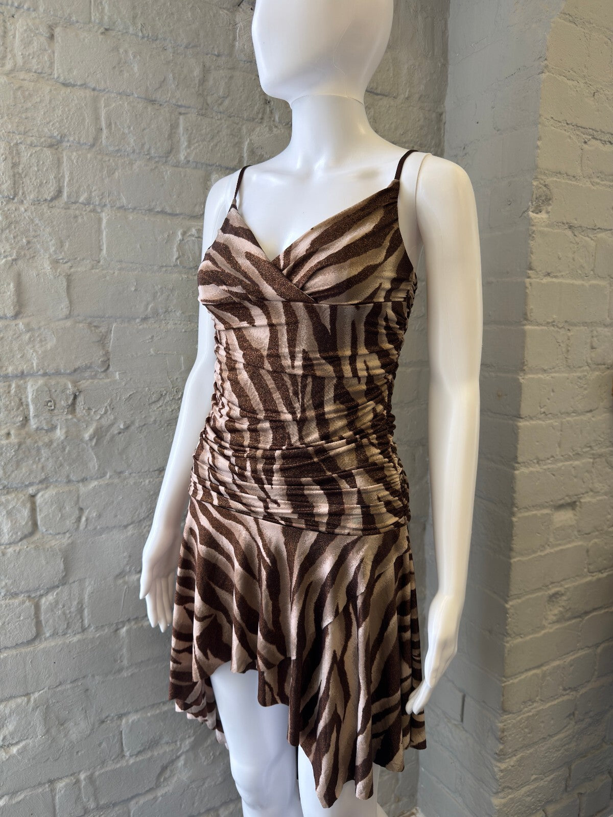Brown Zebra Print Ruched Spaghetti Strap Dress