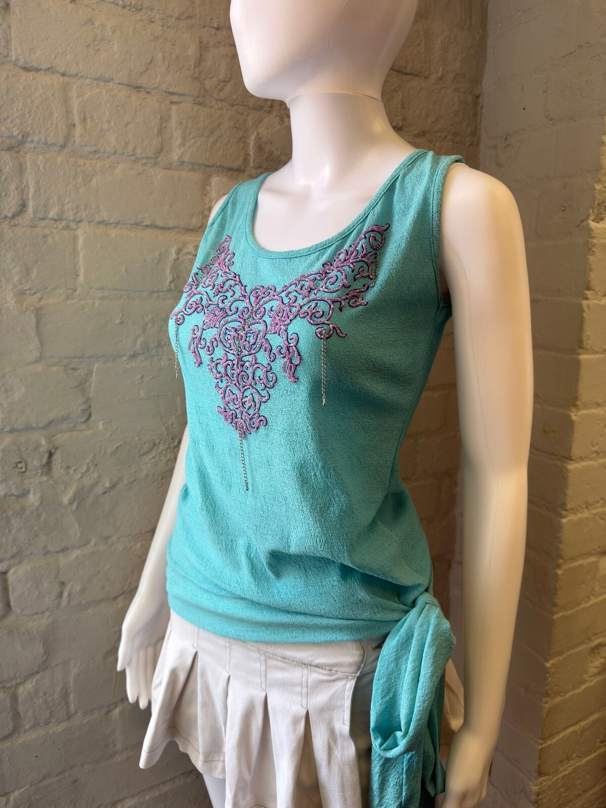 Turquoise Mesh Vest Top with Embroidered Front and Side Tie