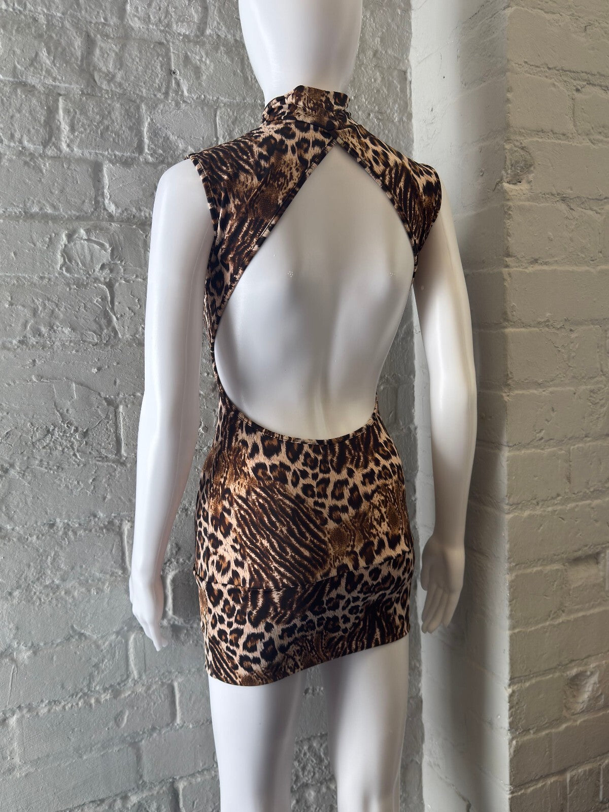 Sleeveless Leopard Print Mini Dress with Keyhole Front and Open Back