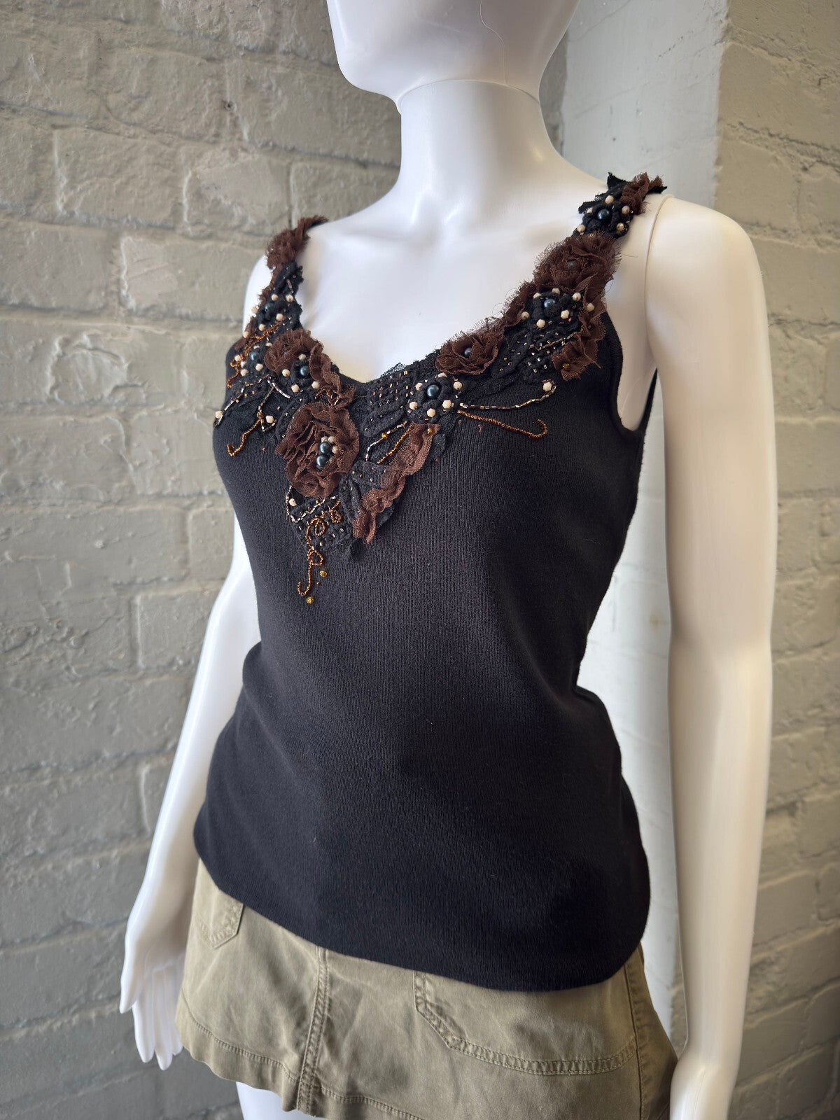 Black Embellished Tank Top with Brown Floral Appliqué