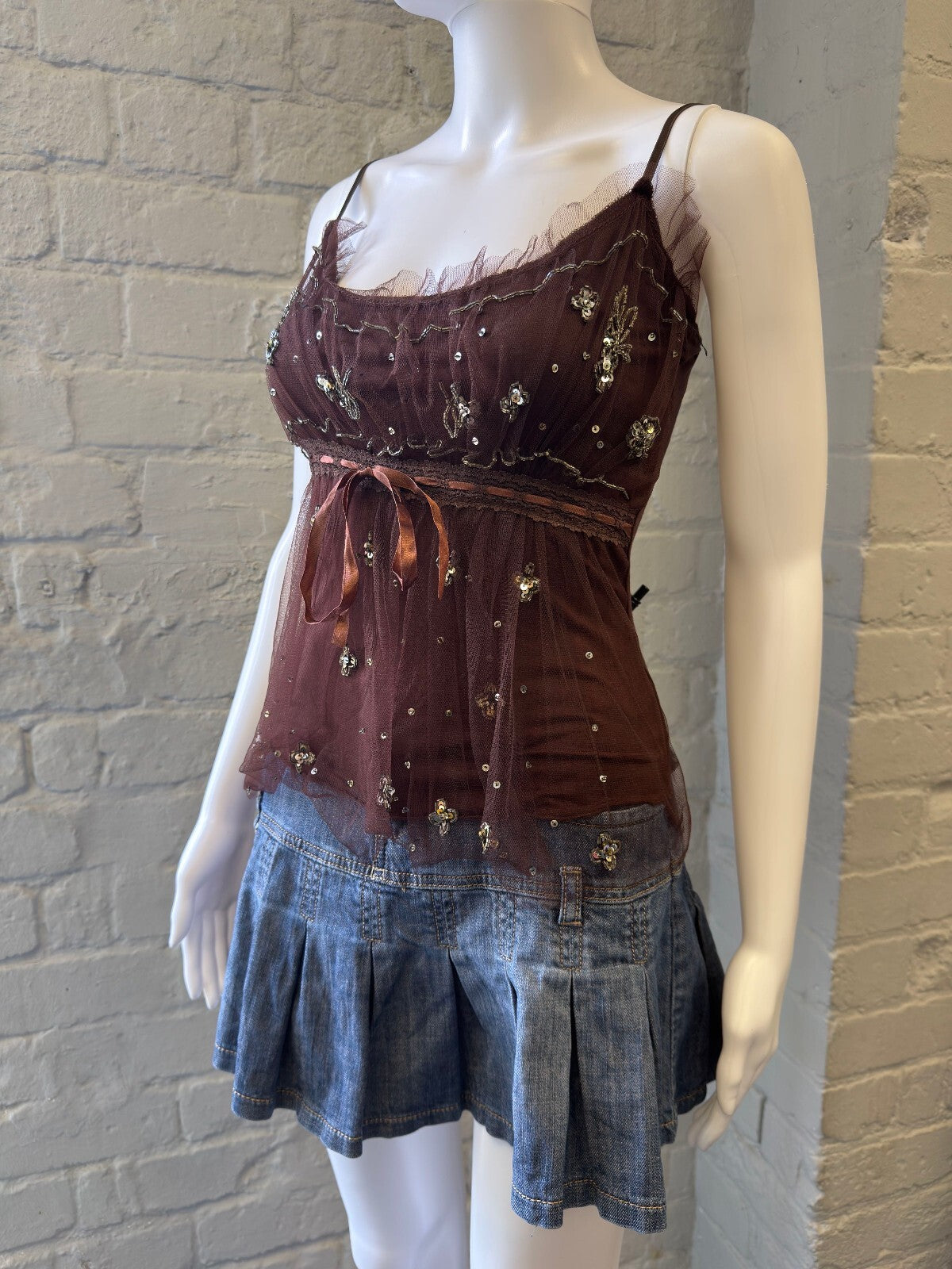 Brown Embellished Spaghetti Strap Top with Ribbon Tie