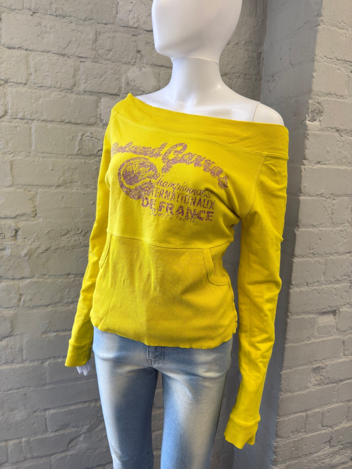 Yellow Off-Shoulder Jumper With Purple Graphic