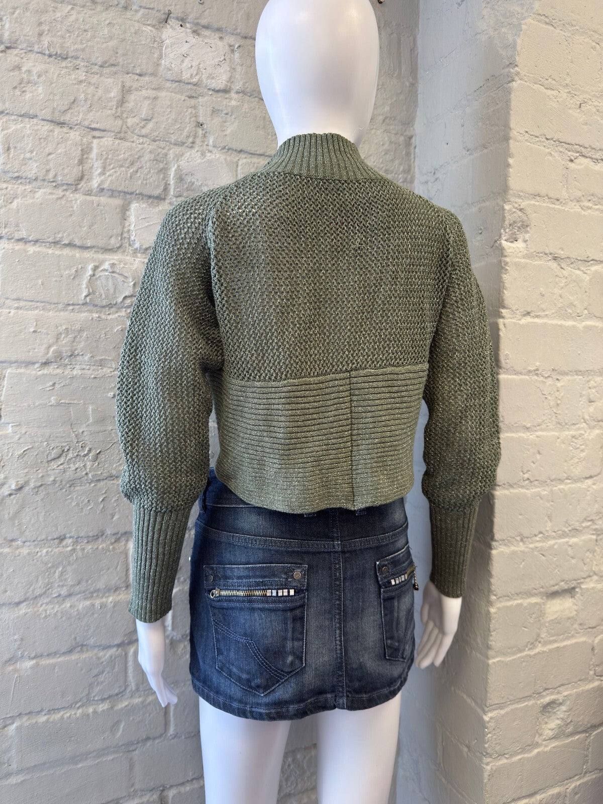 Cropped Knit Cardigan Sweater in Sparkly Olive Green