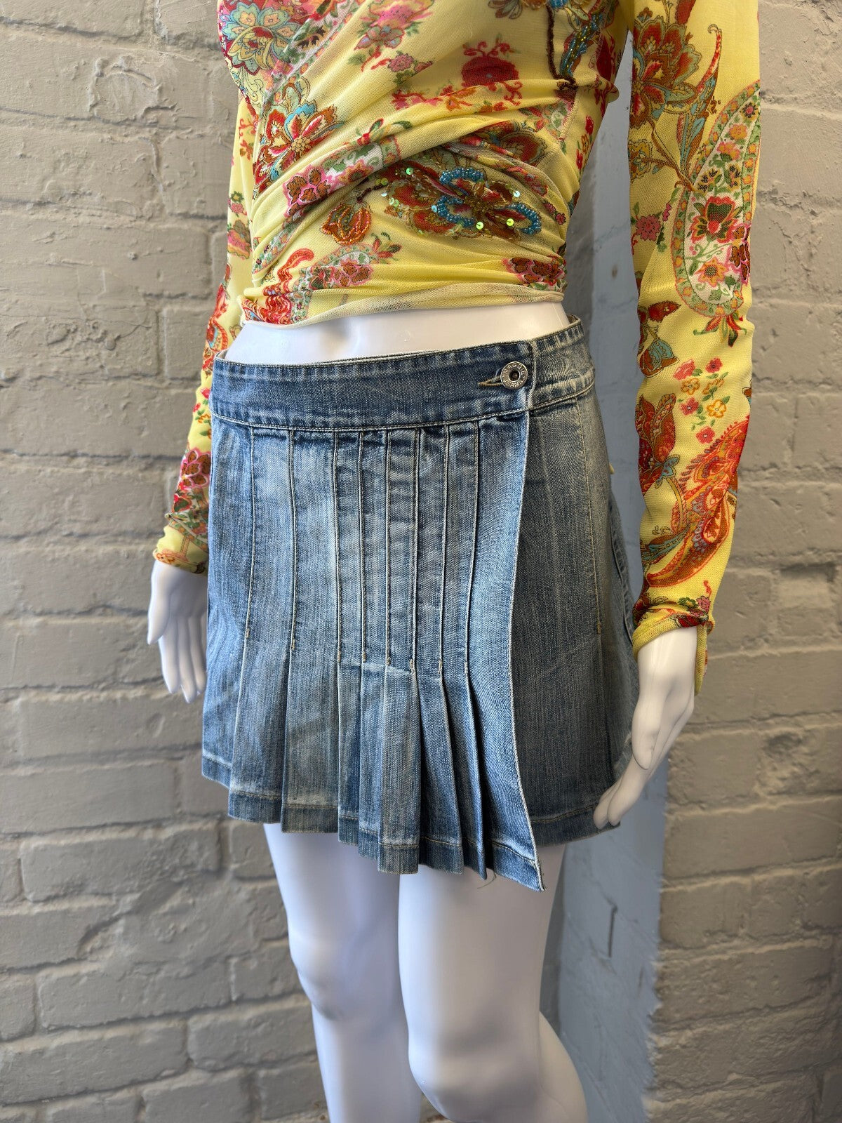 Light Blue Pleated Denim Mini Skirt