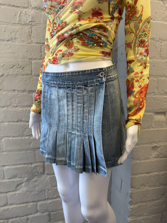 Light Blue Pleated Denim Mini Skirt