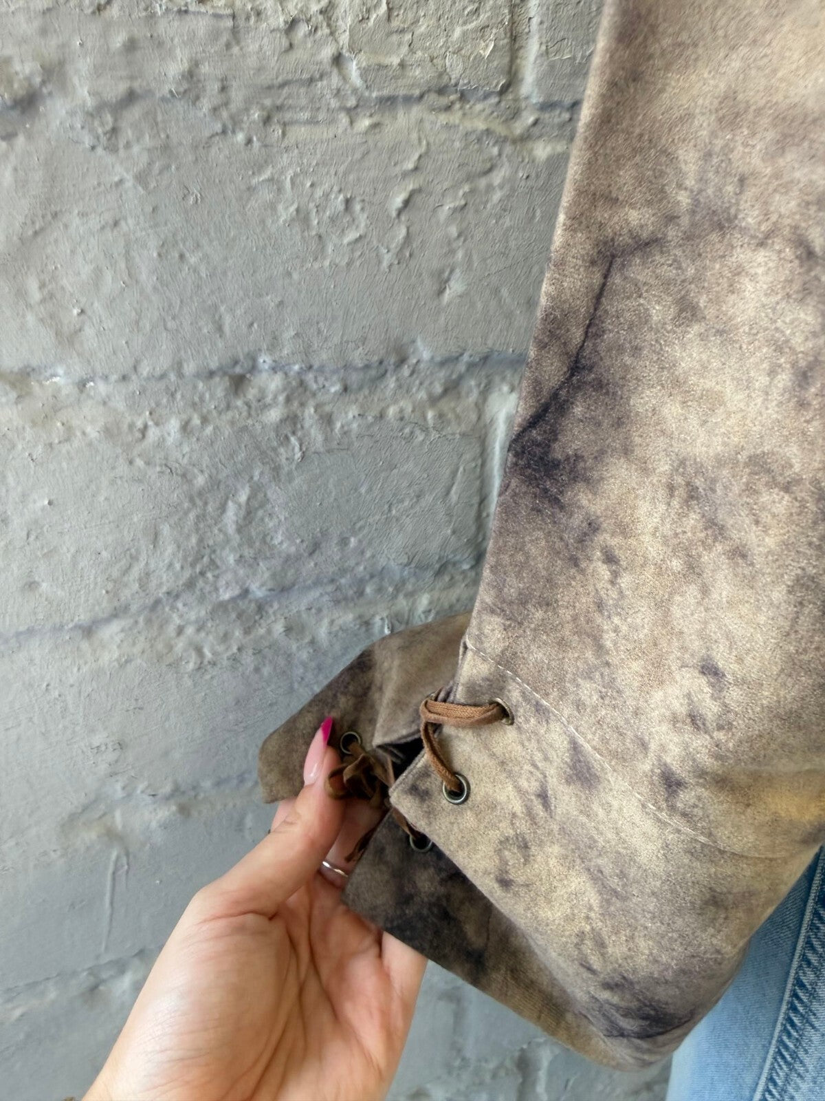 Vintage Brown Tie-Dye Faux Suede Jacket with Lace-Up Cuffs