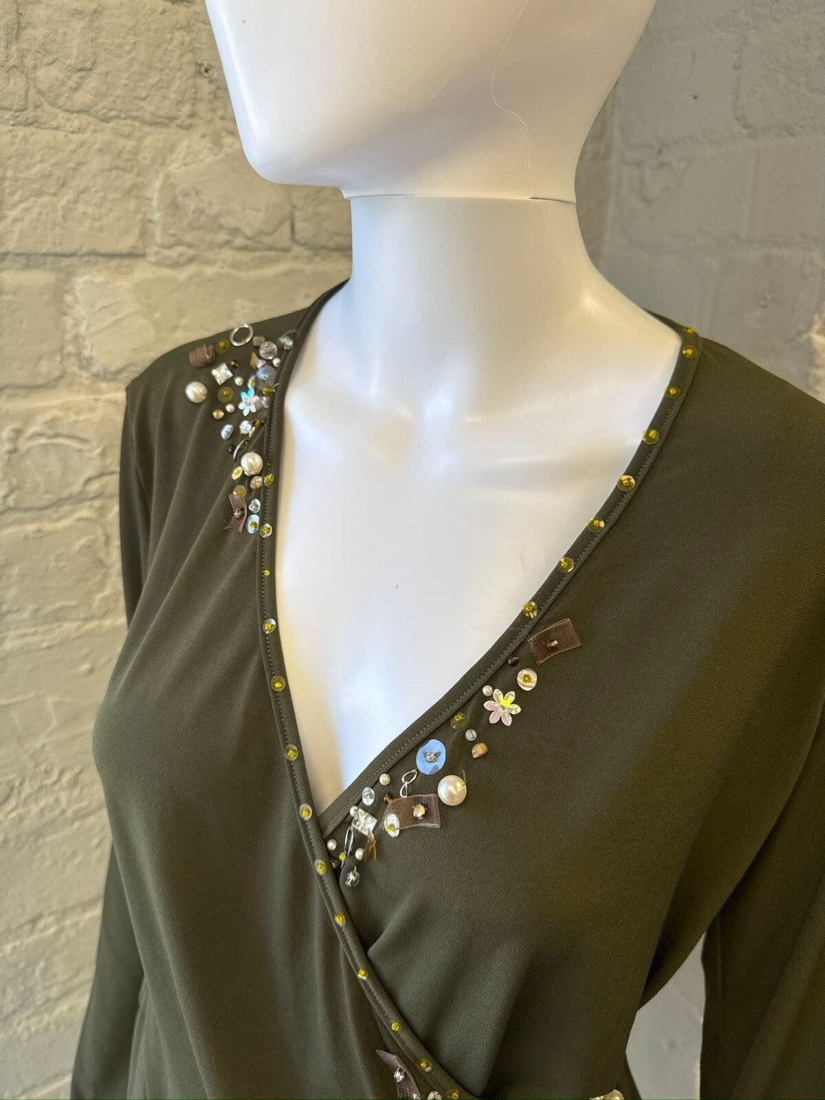 Olive Green Long Sleeve Embellished Wrap Top