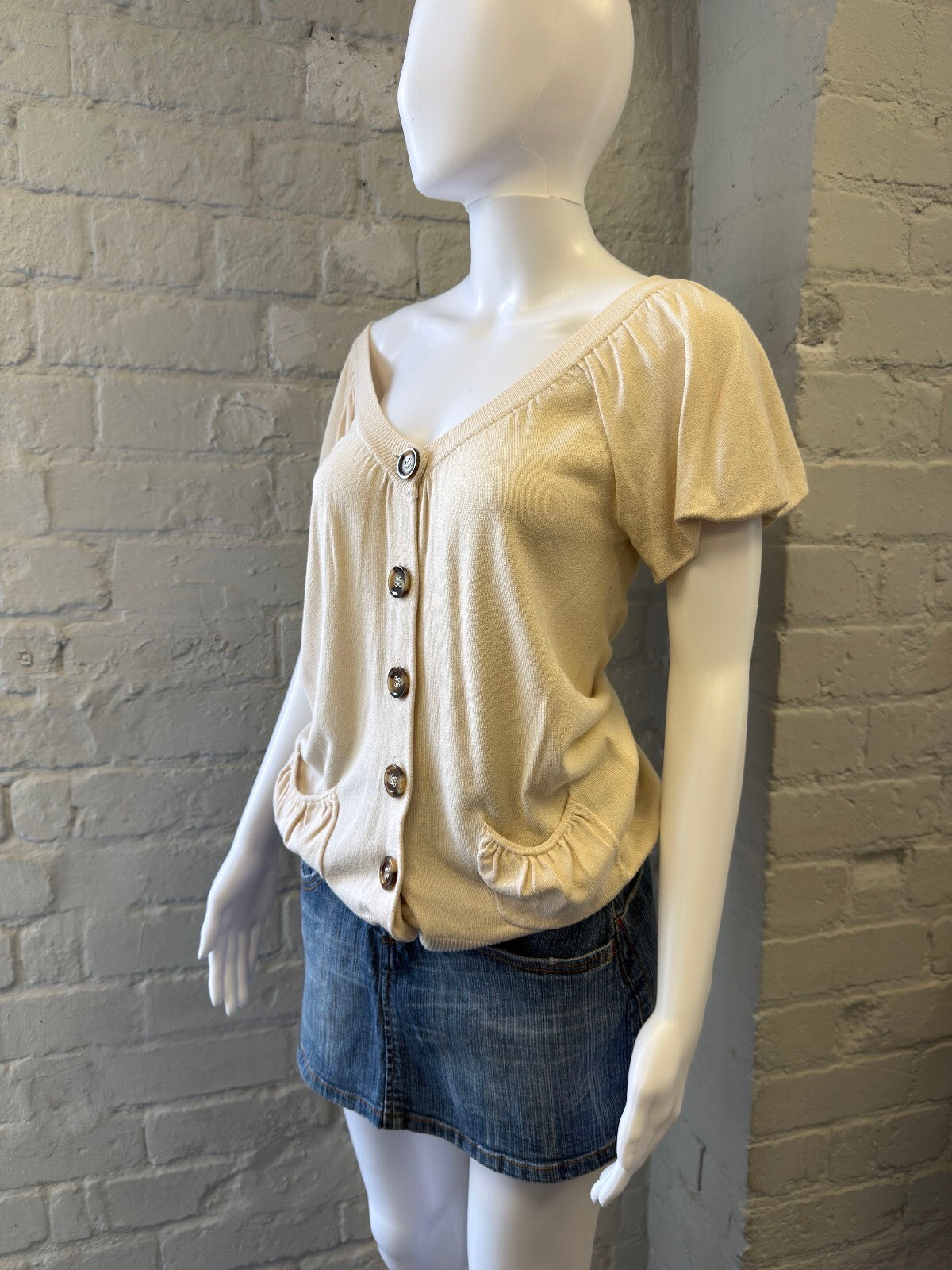 Cream Short Sleeve Button-Up Top