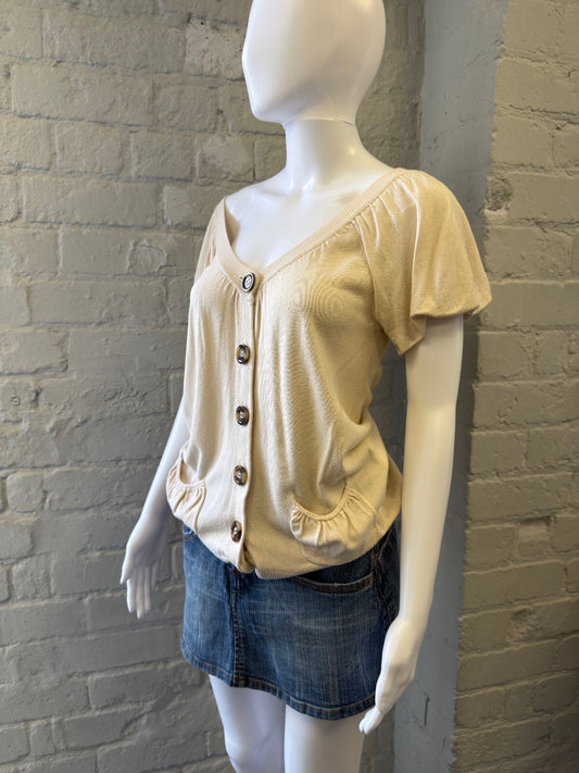 Cream Short Sleeve Button-Up Top