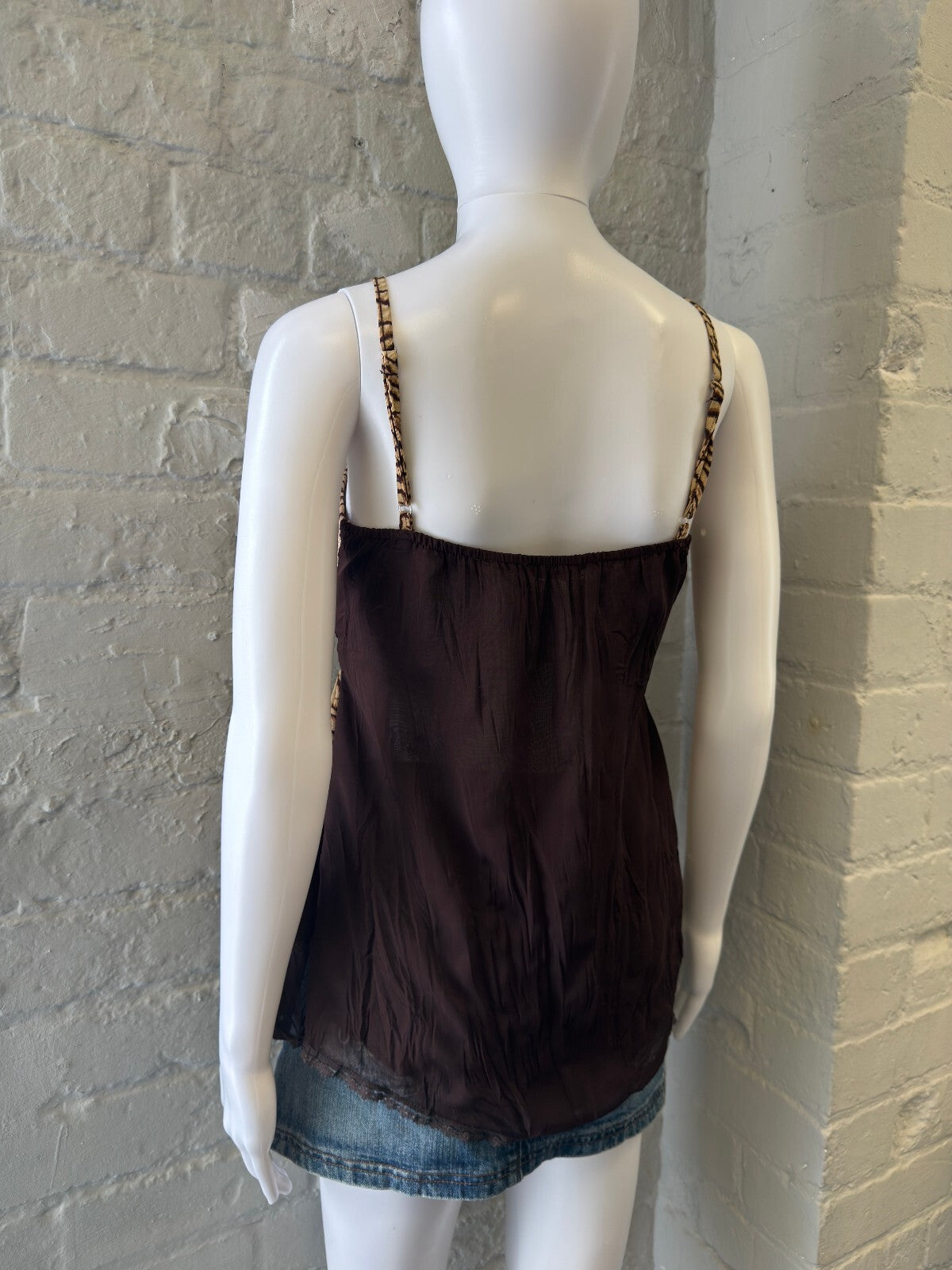 2000s Brown Layered Lace and Animal Print Cami