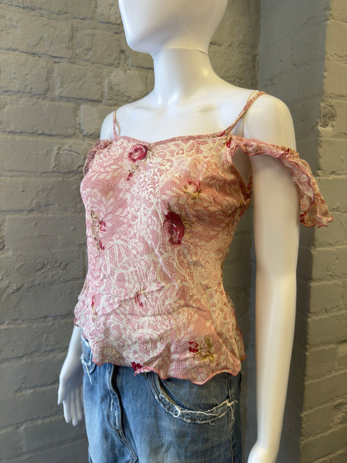 Pink Floral Lace Cold Shoulder Camisole Top