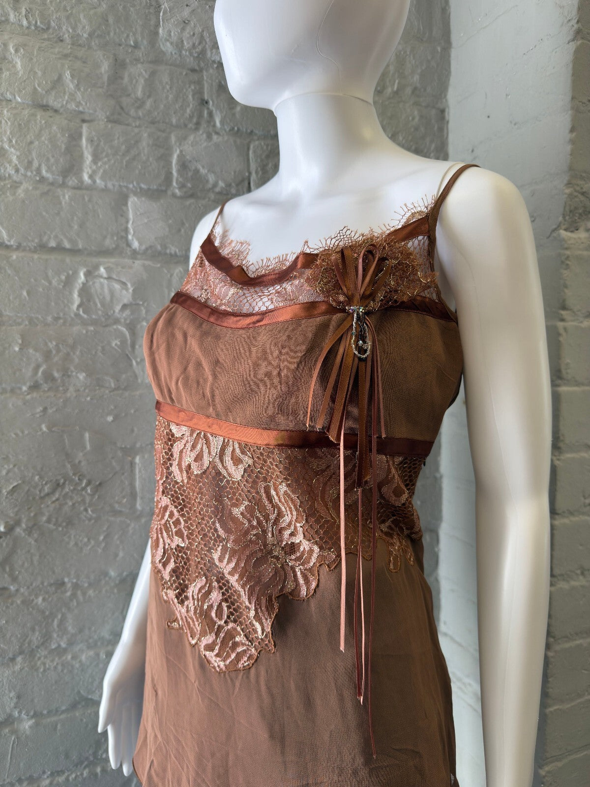 Brown Lace Detail Sheer Cami Top with Ribbon Accent