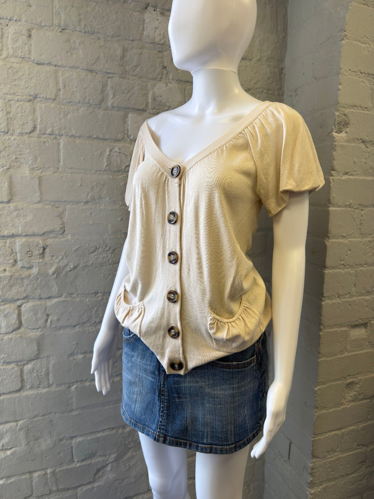 Cream Short Sleeve Button-Up Top
