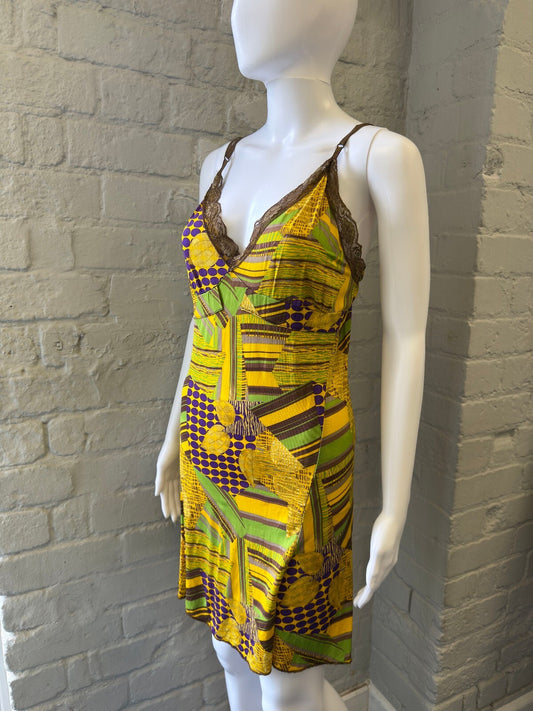 Yellow Geometric Print Slip Dress with Brown Lace Trim