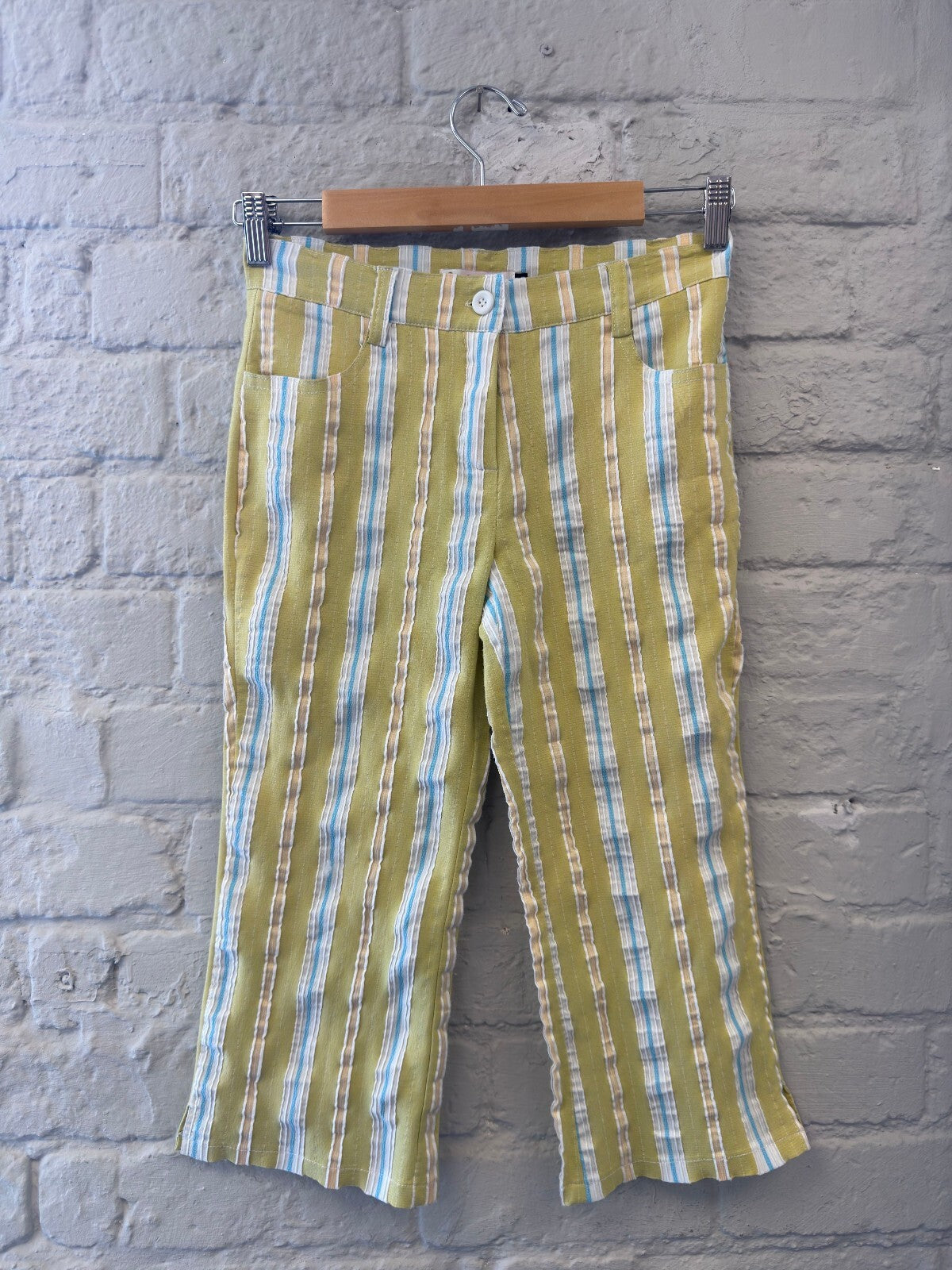 Lime Green Striped Capri Trousers