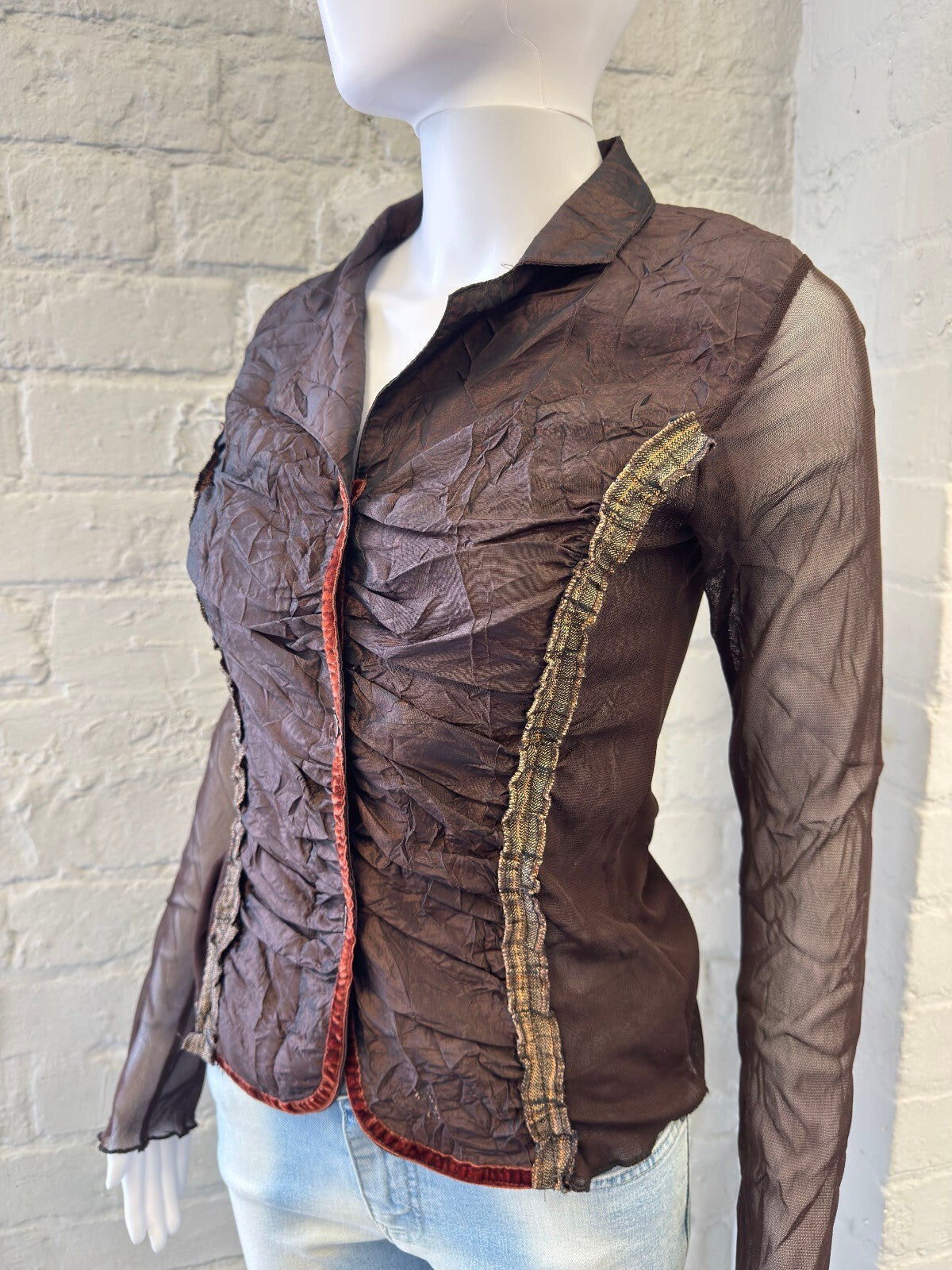 Italian Brown Sheer Long Sleeve Button-Up Top