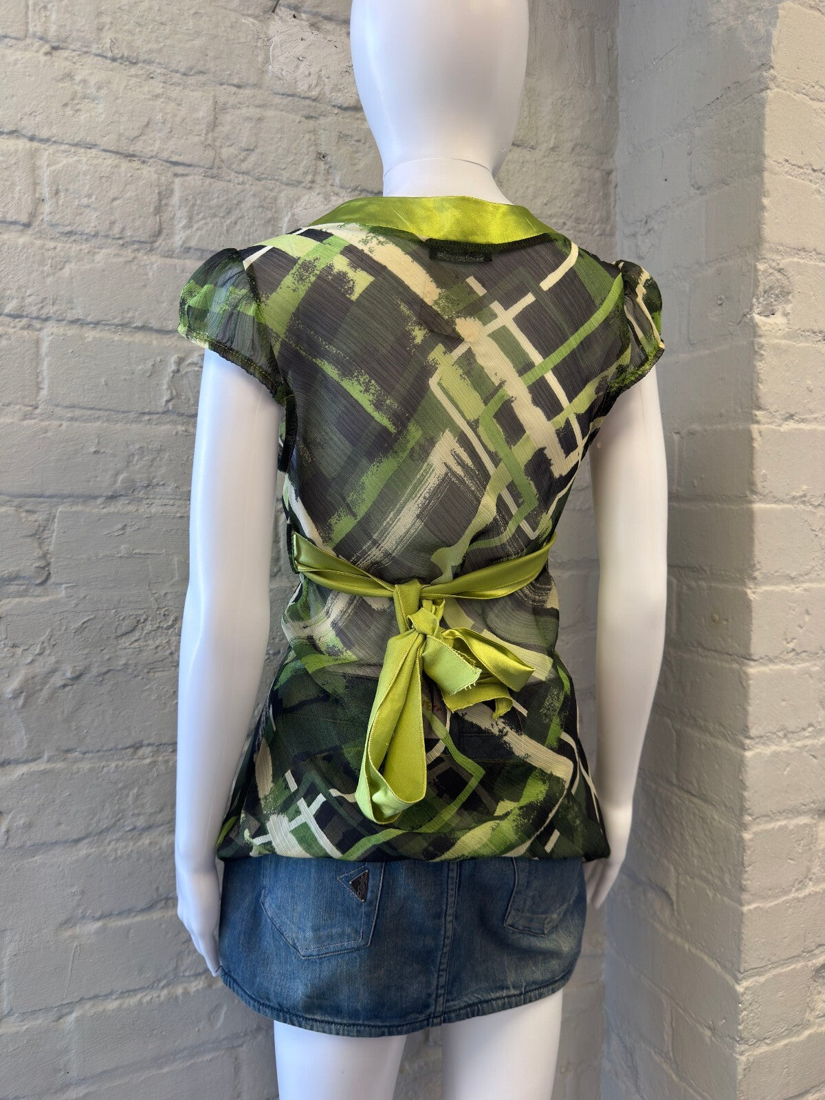 Green Patterned Deep V-Neck Cap Sleeve Top