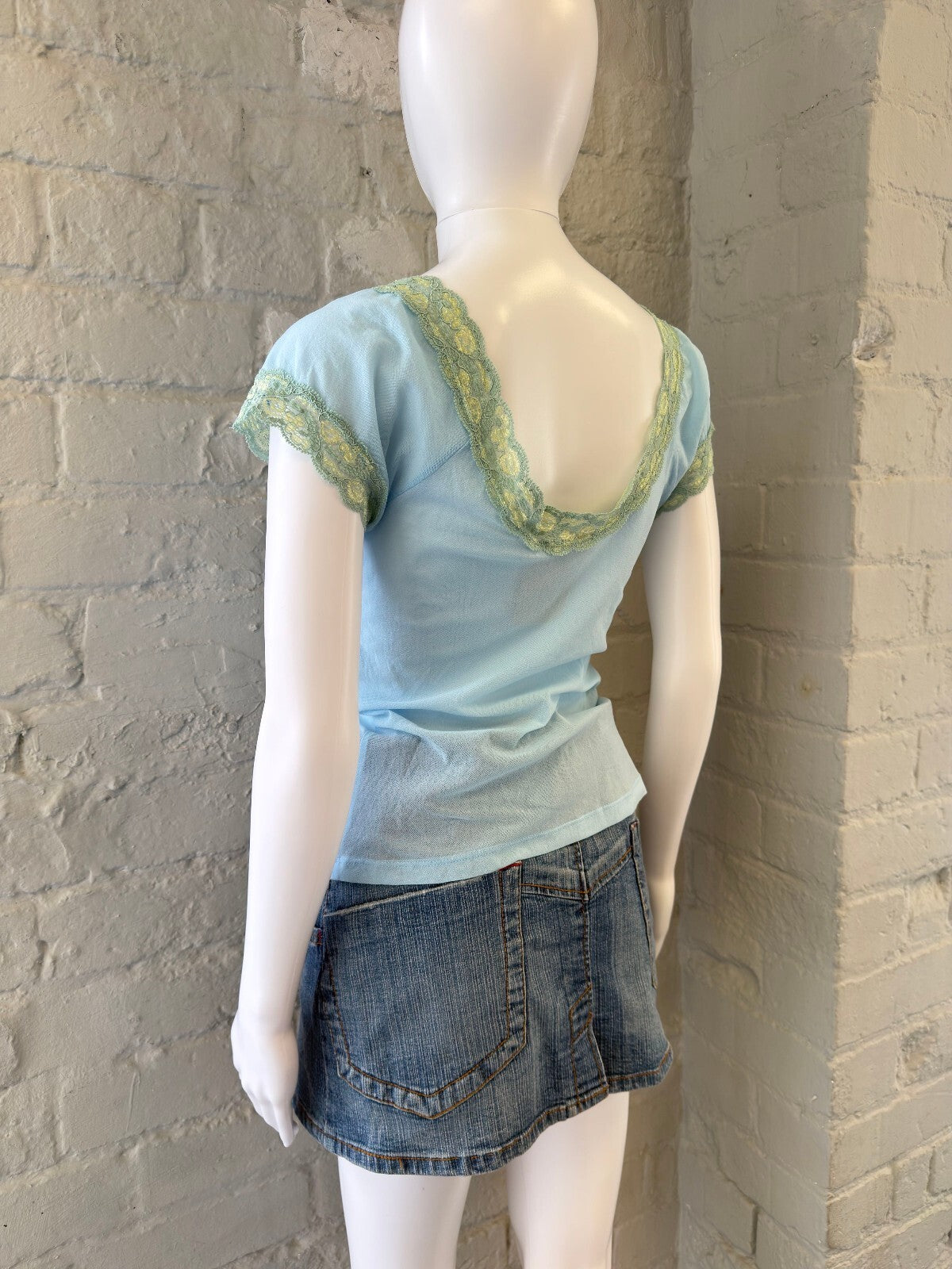 Kookai Light Blue Lace Trim Short Sleeve Top