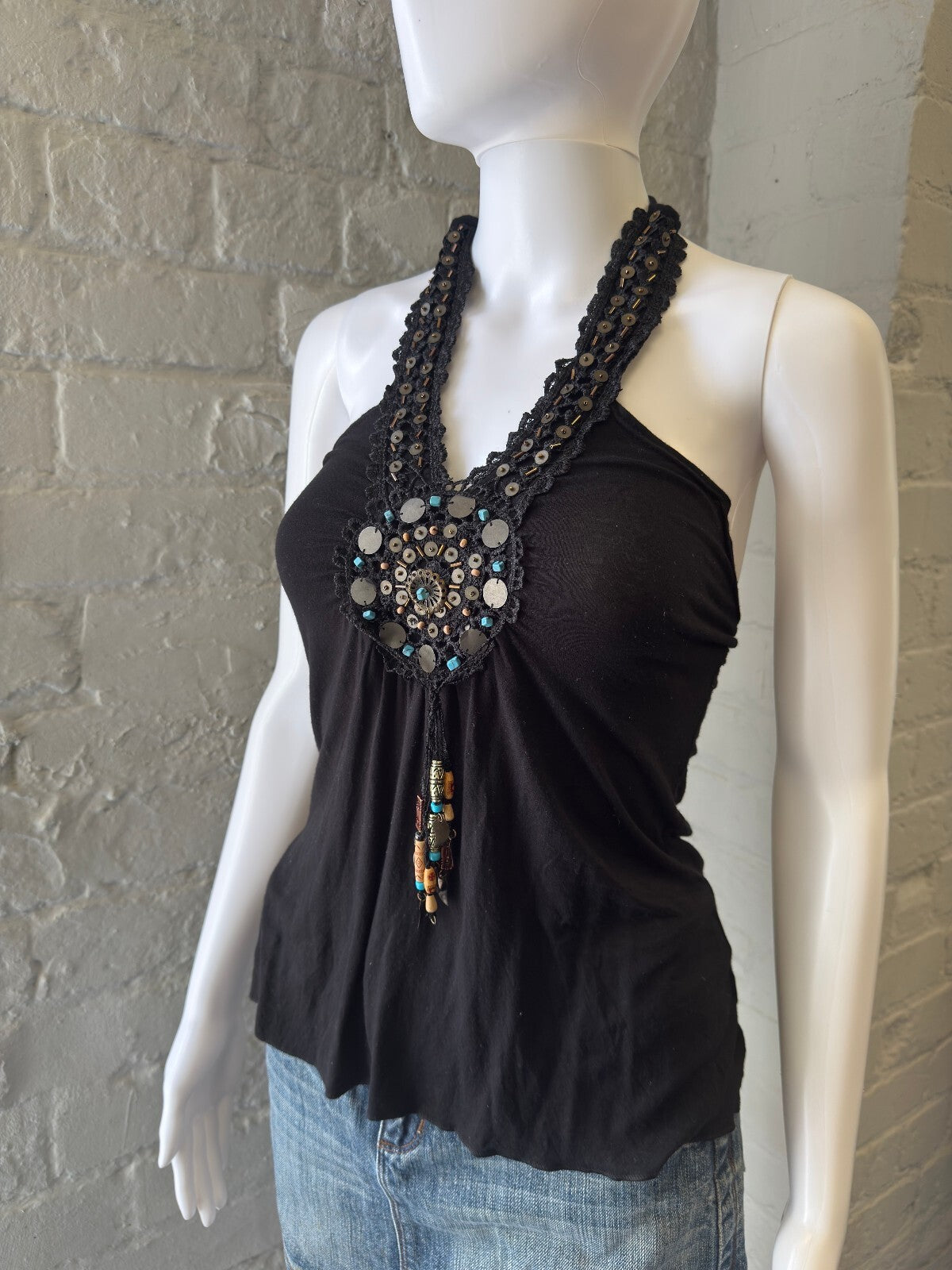 2000s Black Halter Neck Beaded Top