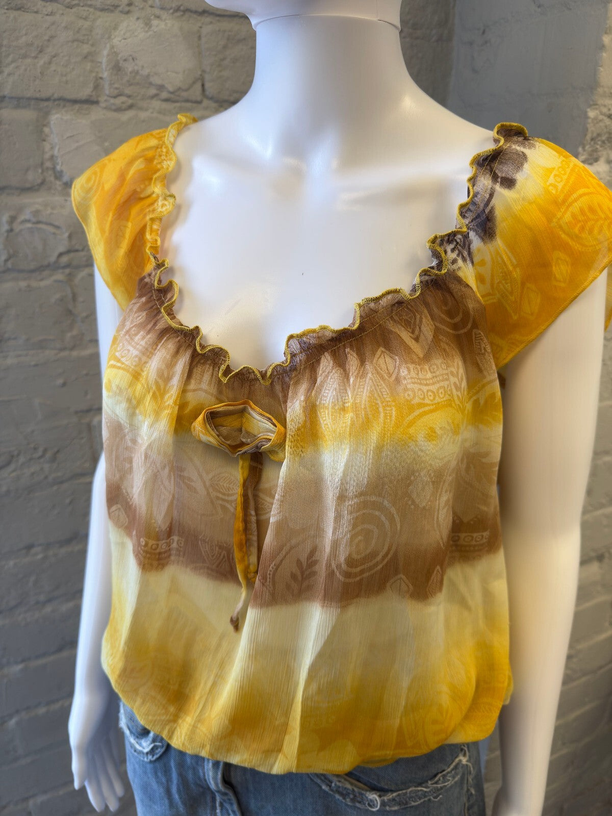 Yellow and Brown Patterned Cap Sleeve Blouse