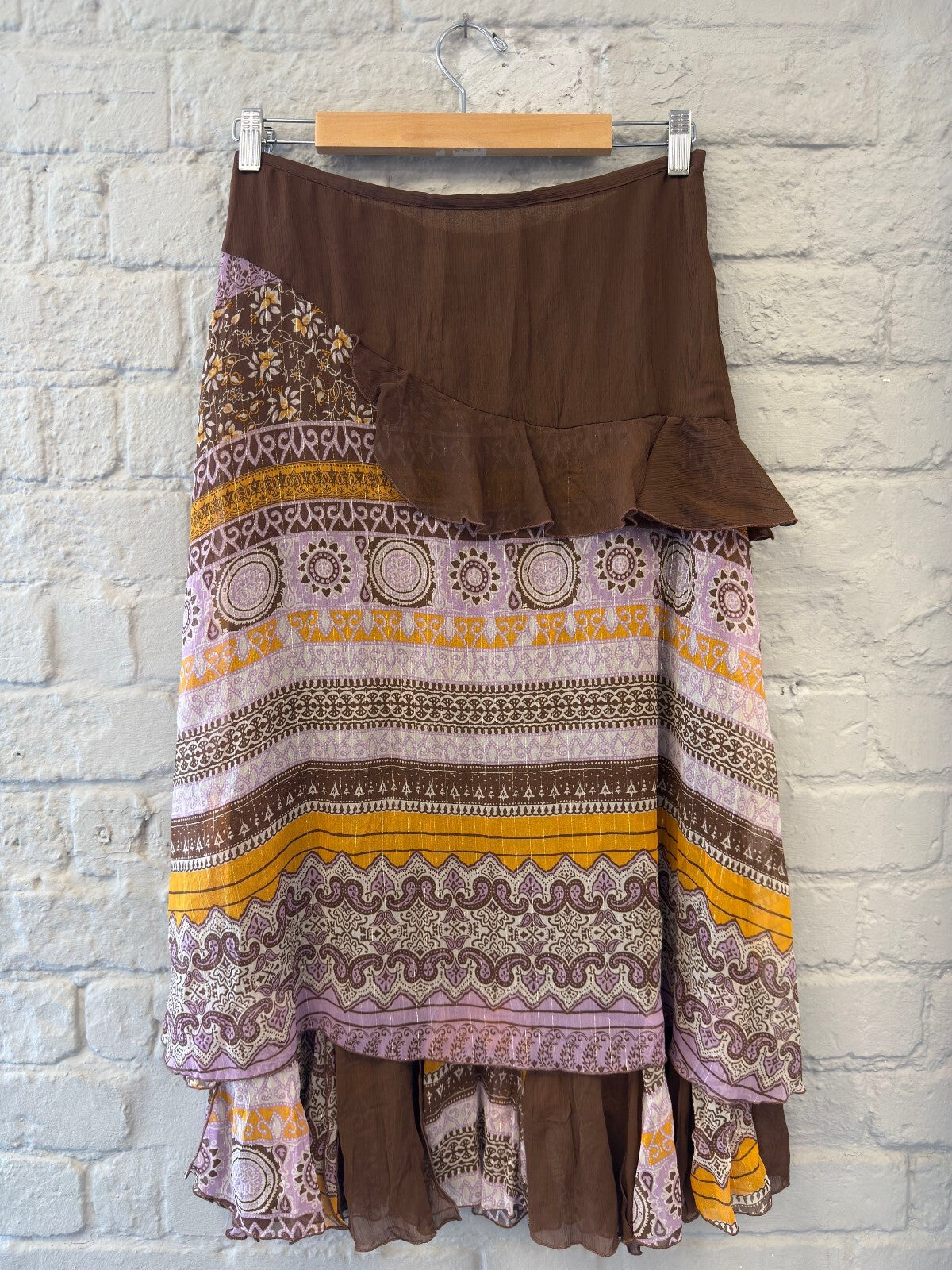 Brown Patterned Boho Ruffle Maxi Skirt