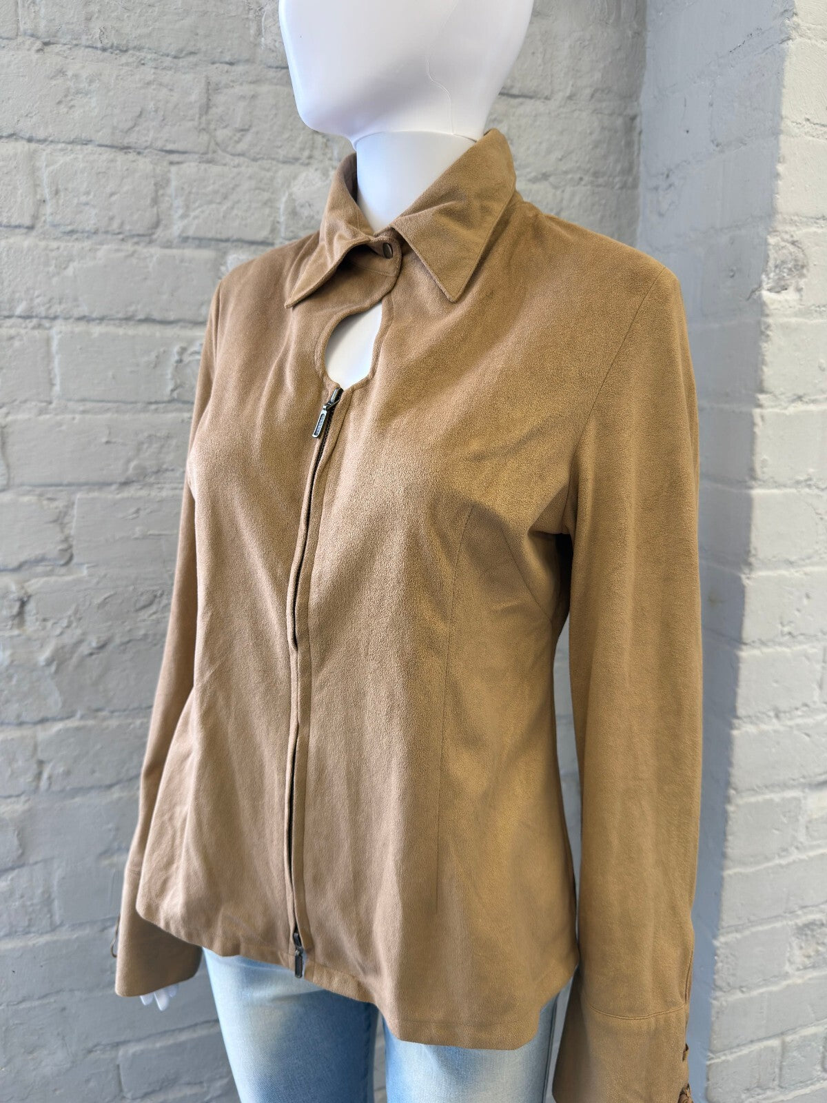 Tan Faux Suede Zip-Up Jacket with Keyhole Detail